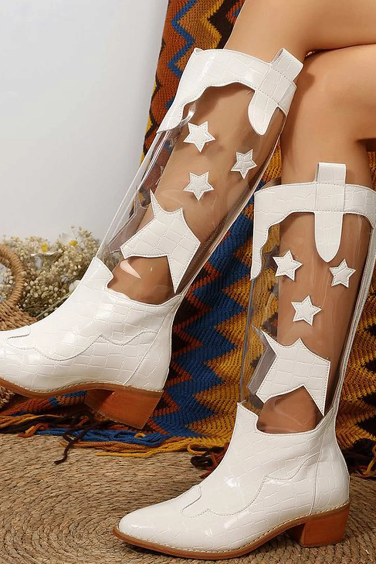 Amozae-Pointed Toe Stitching Star Graphic Chunky Heel Boots