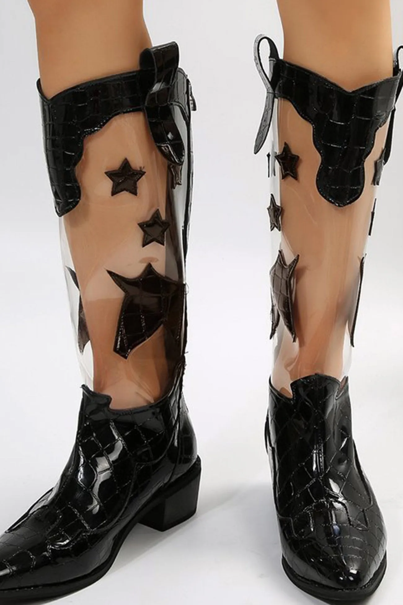 Amozae-Pointed Toe Stitching Star Graphic Chunky Heel Boots