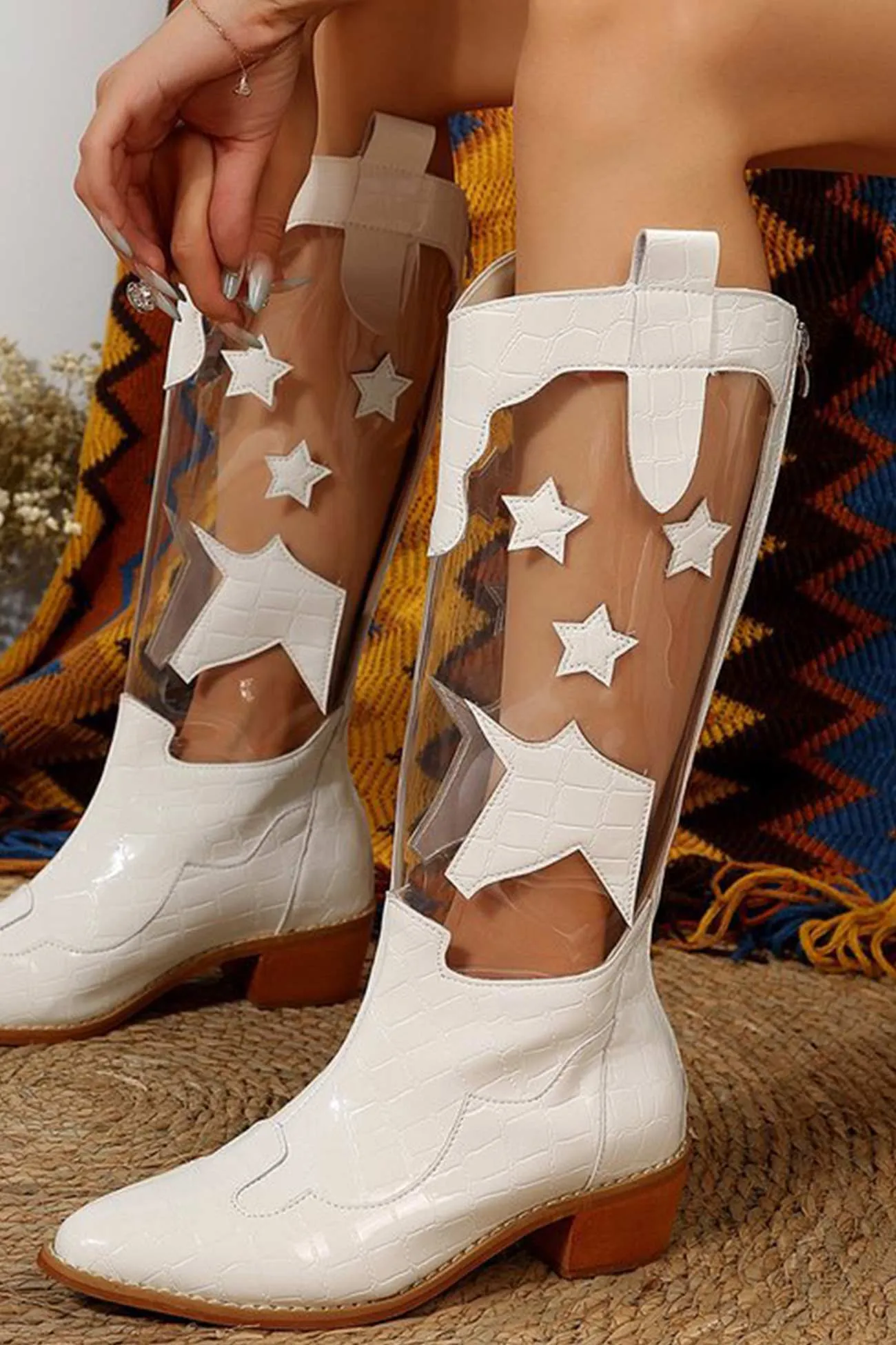 Amozae-Pointed Toe Stitching Star Graphic Chunky Heel Boots