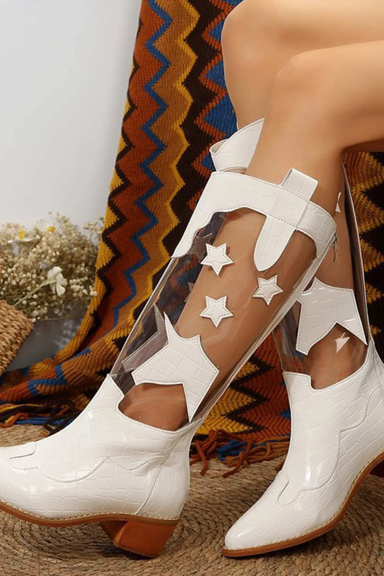 Amozae-Pointed Toe Stitching Star Graphic Chunky Heel Boots