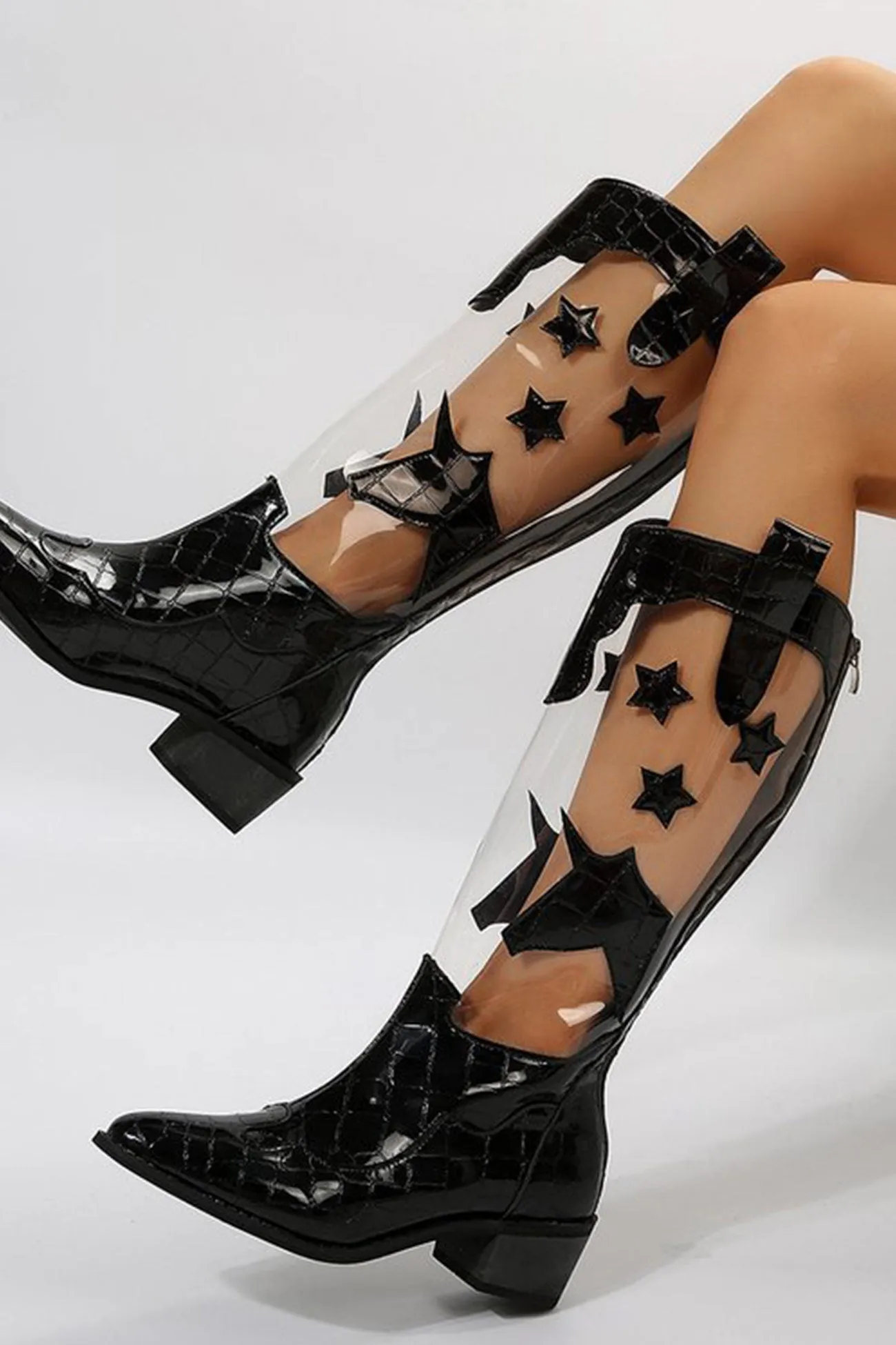 Amozae-Pointed Toe Stitching Star Graphic Chunky Heel Boots