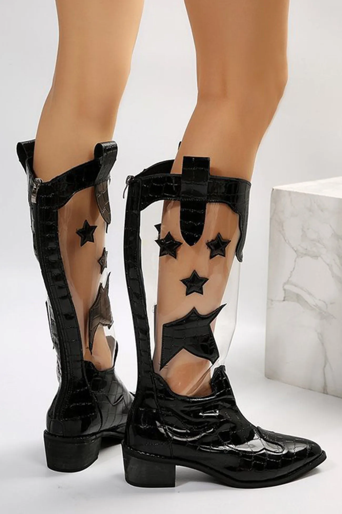 Amozae-Pointed Toe Stitching Star Graphic Chunky Heel Boots