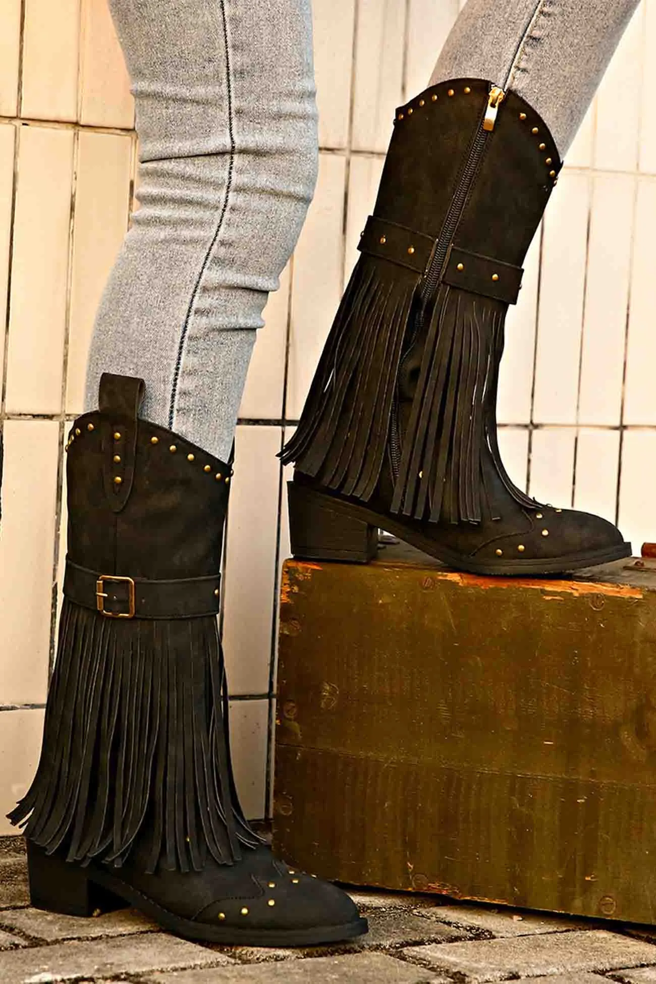 Amozae-Pointed Toe Studded Fringed Mid-Calf Boots