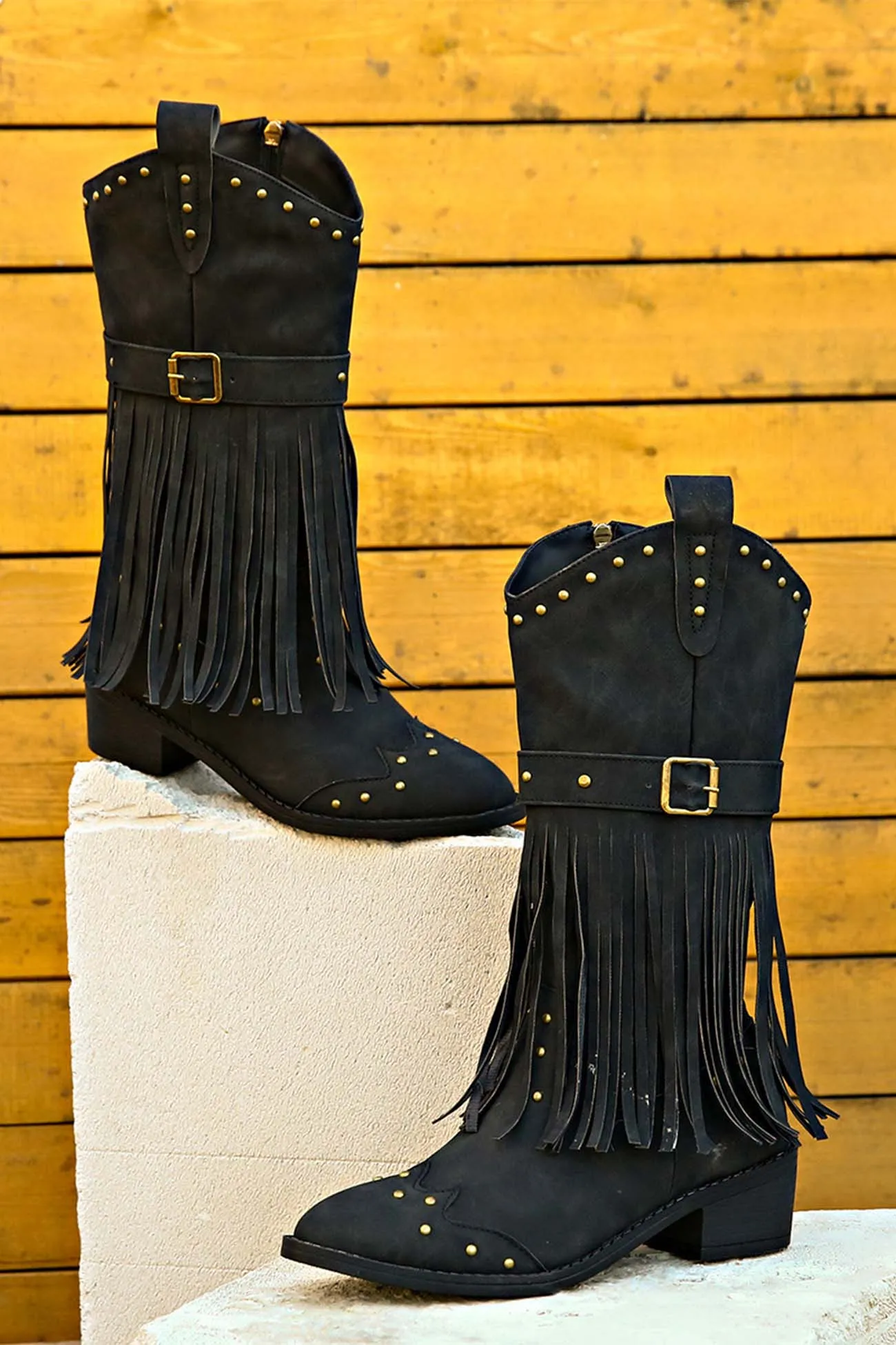 Amozae-Pointed Toe Studded Fringed Mid-Calf Boots