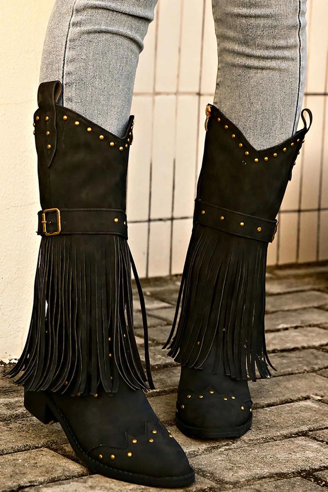 Amozae-Pointed Toe Studded Fringed Mid-Calf Boots