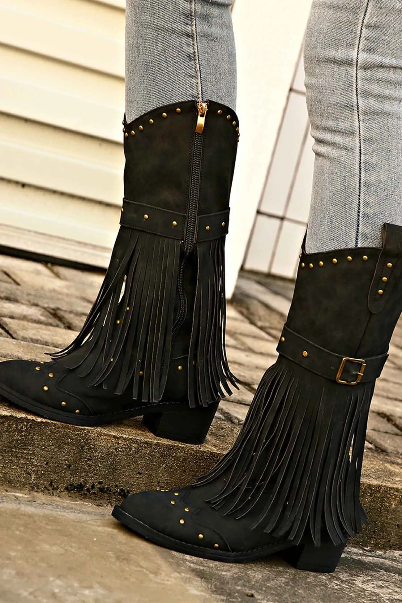 Amozae-Pointed Toe Studded Fringed Mid-Calf Boots