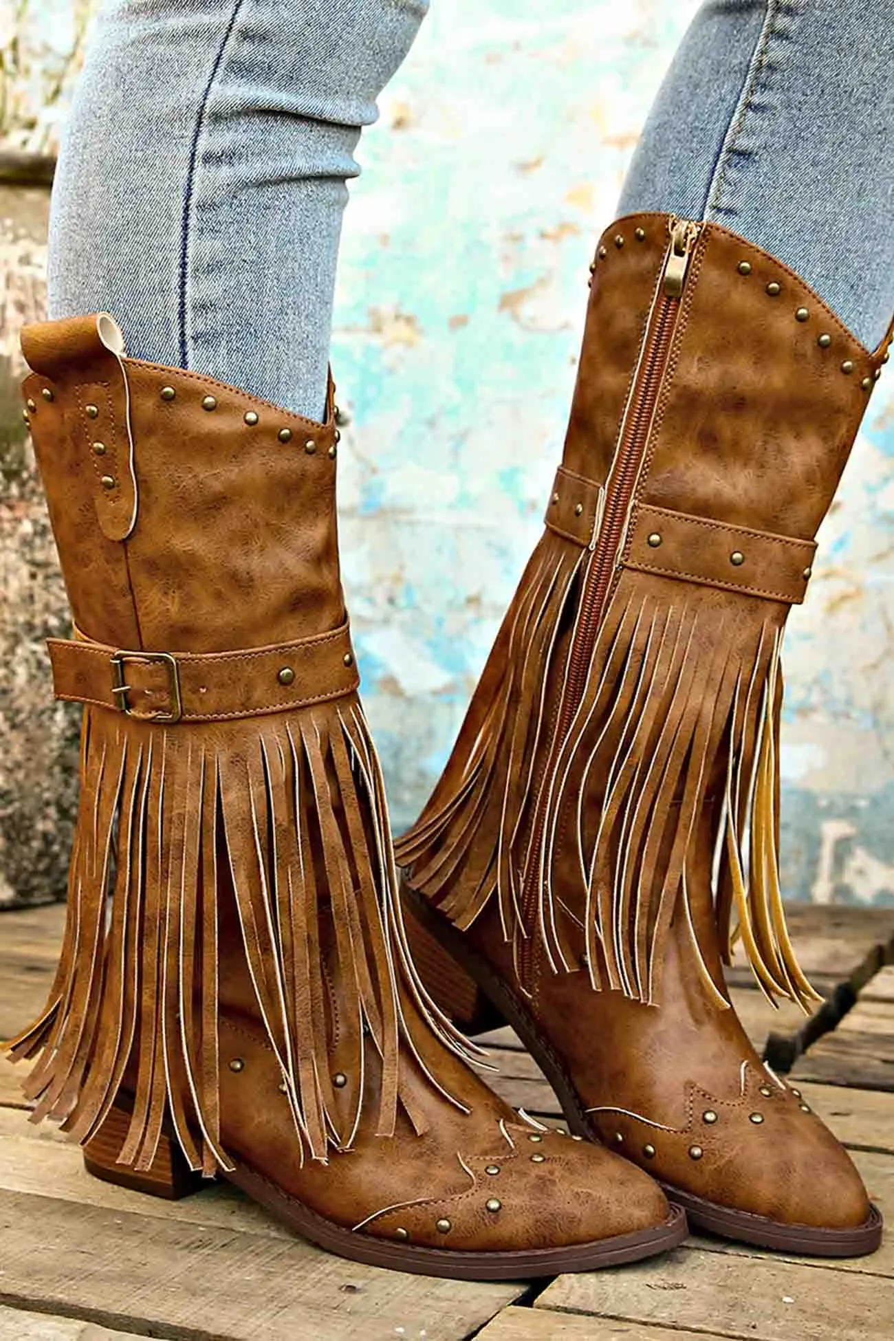 Amozae-Pointed Toe Studded Fringed Mid-Calf Boots