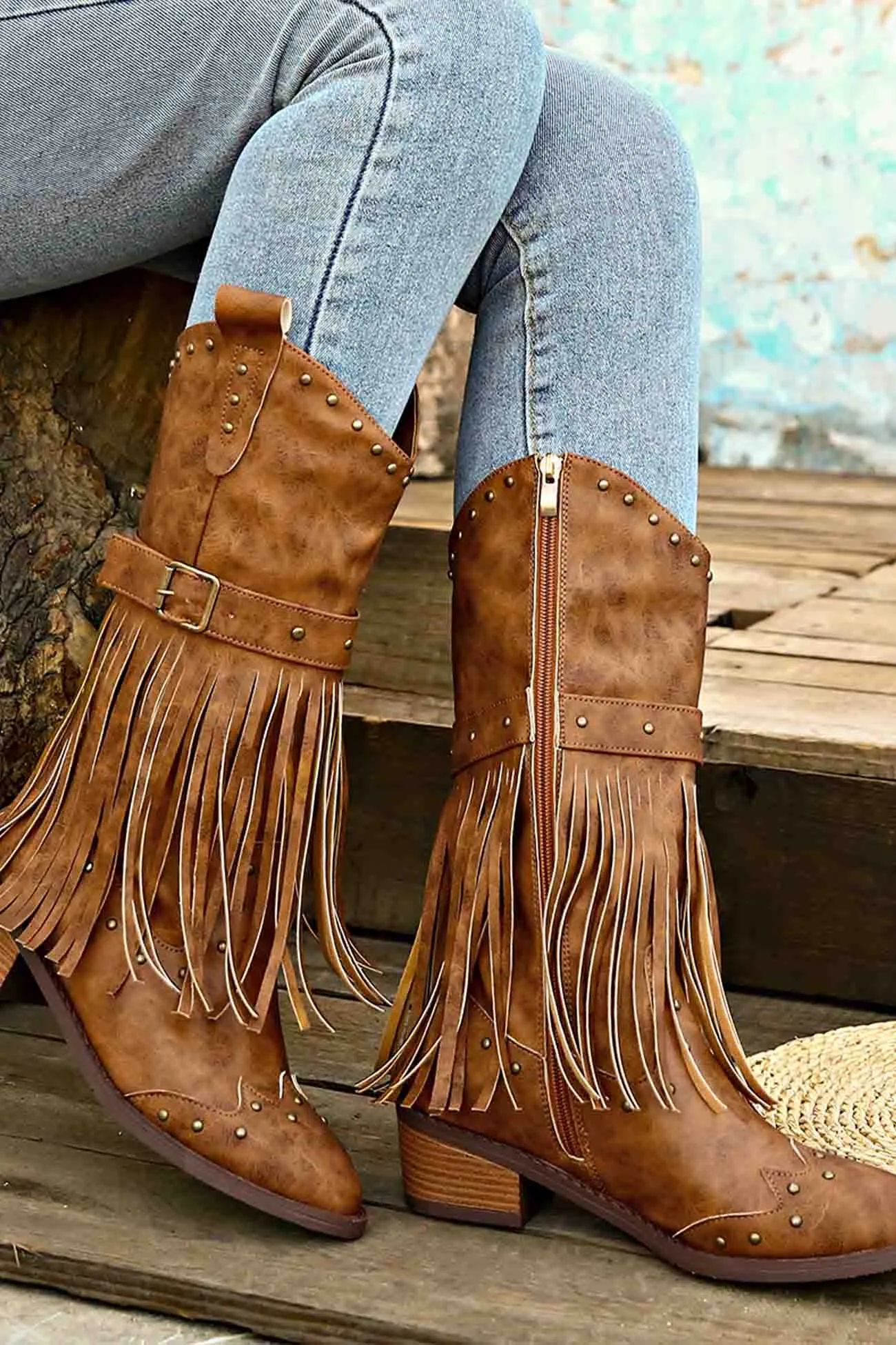 Amozae-Pointed Toe Studded Fringed Mid-Calf Boots