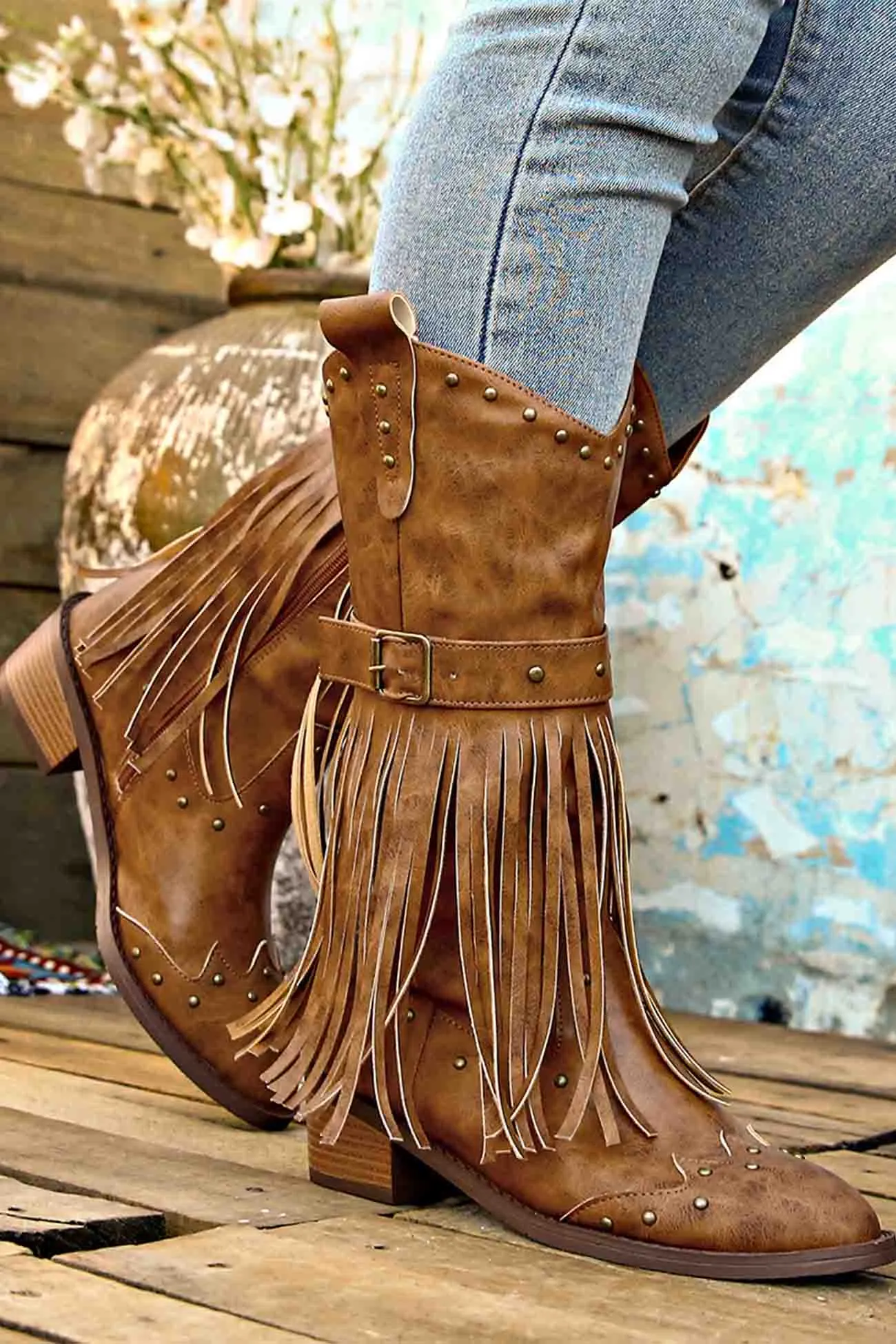 Amozae-Pointed Toe Studded Fringed Mid-Calf Boots