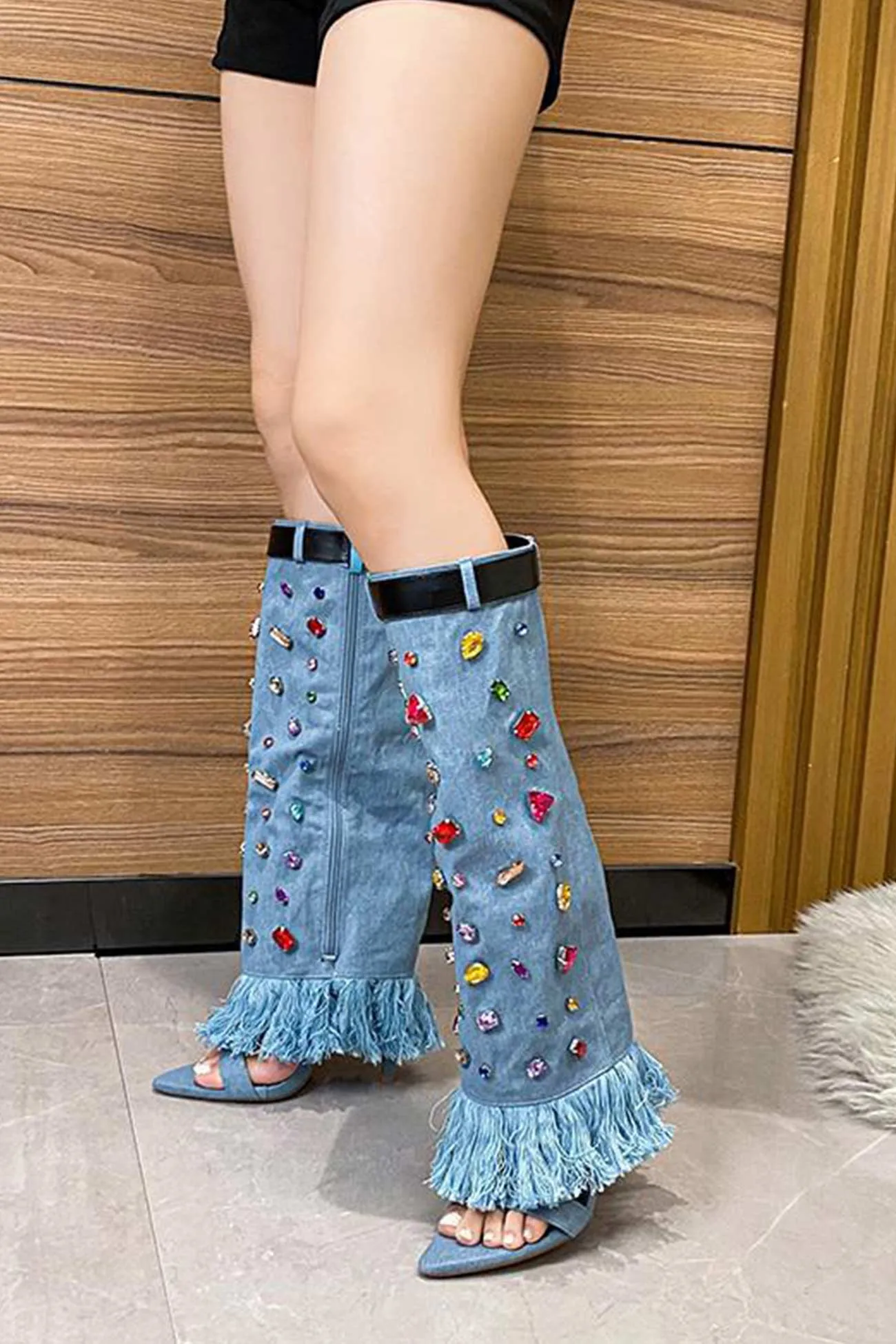 Amozae-Rhinestone Denim High Heel Pointed Toe Boots