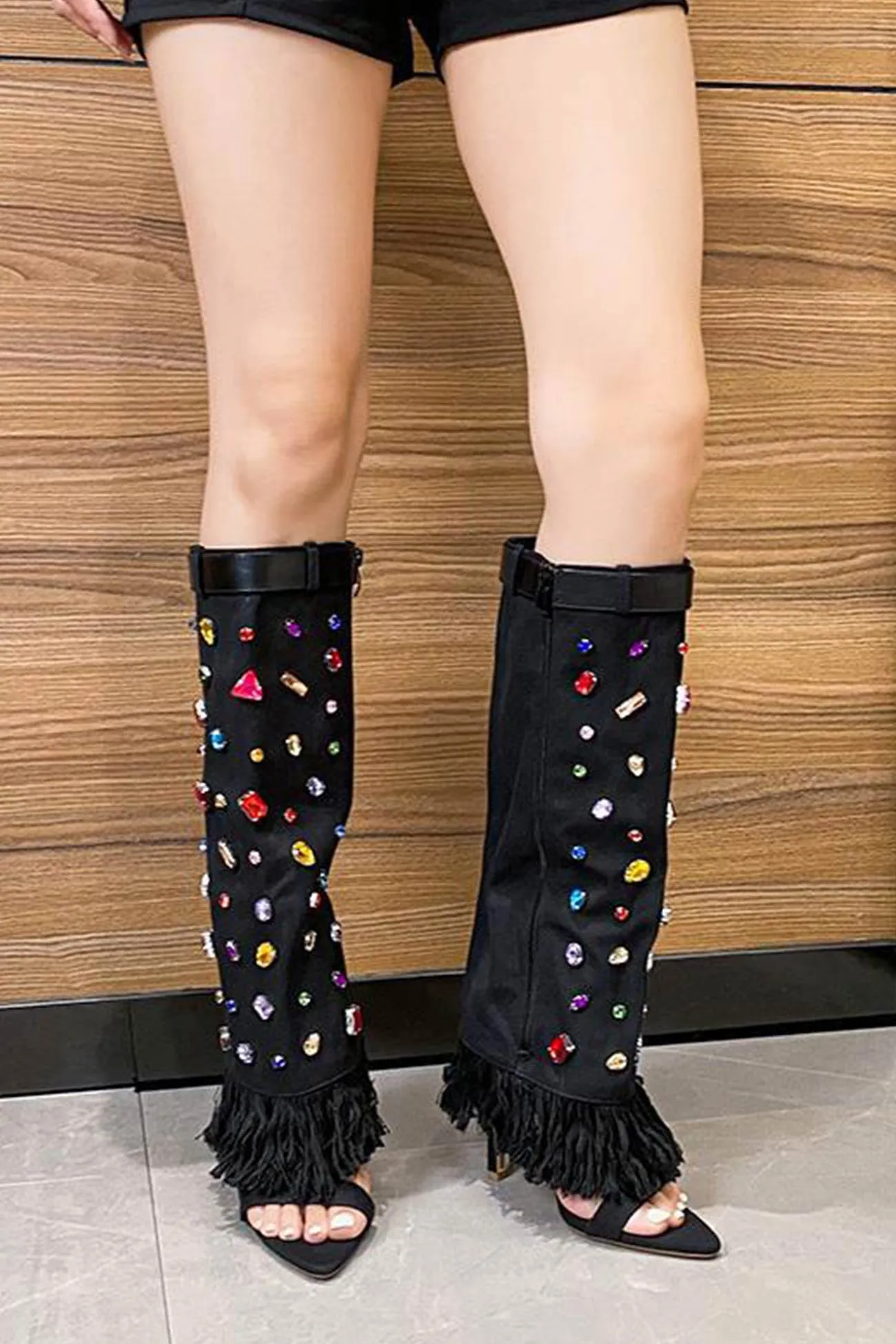 Amozae-Rhinestone Denim High Heel Pointed Toe Boots