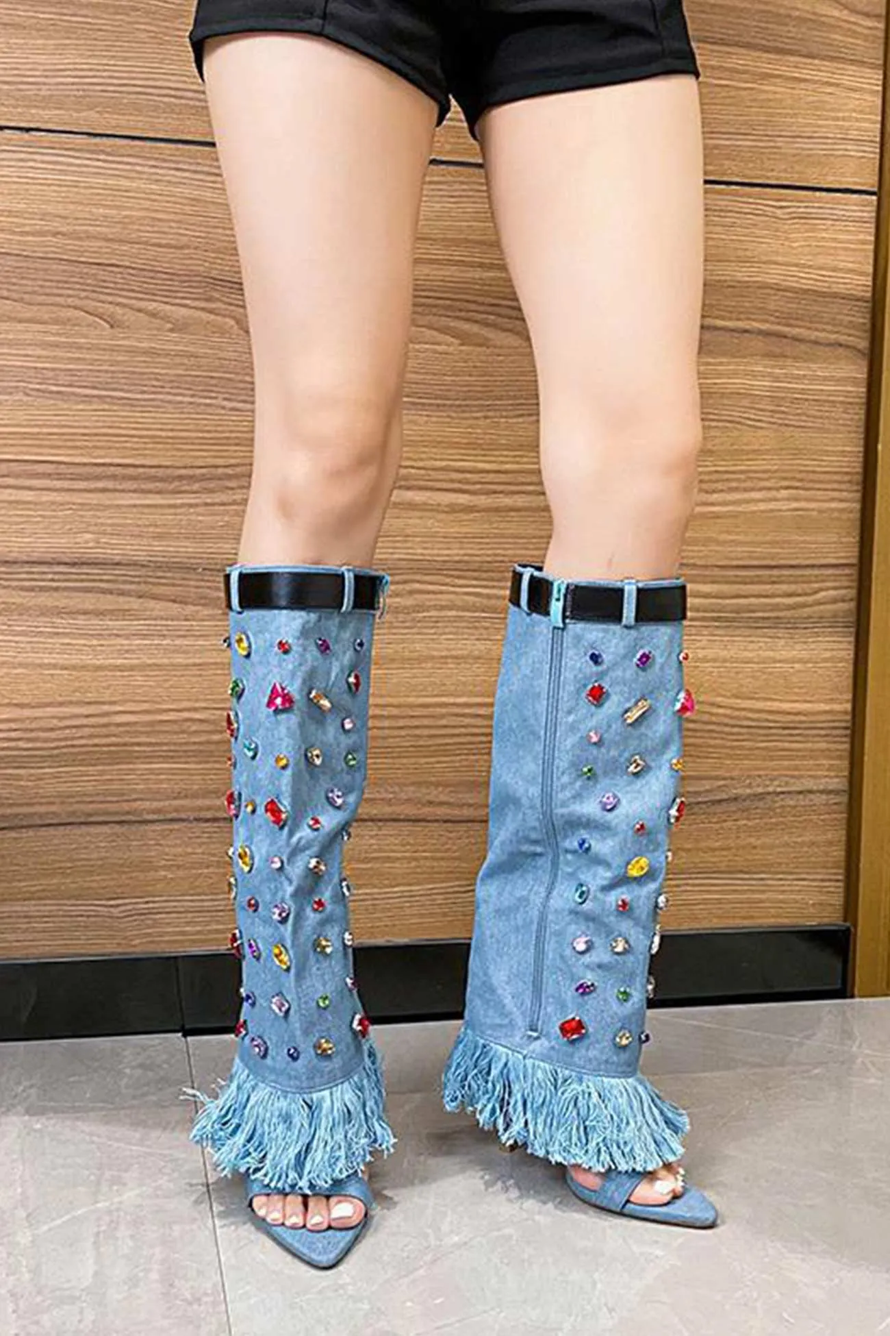 Amozae-Rhinestone Denim High Heel Pointed Toe Boots