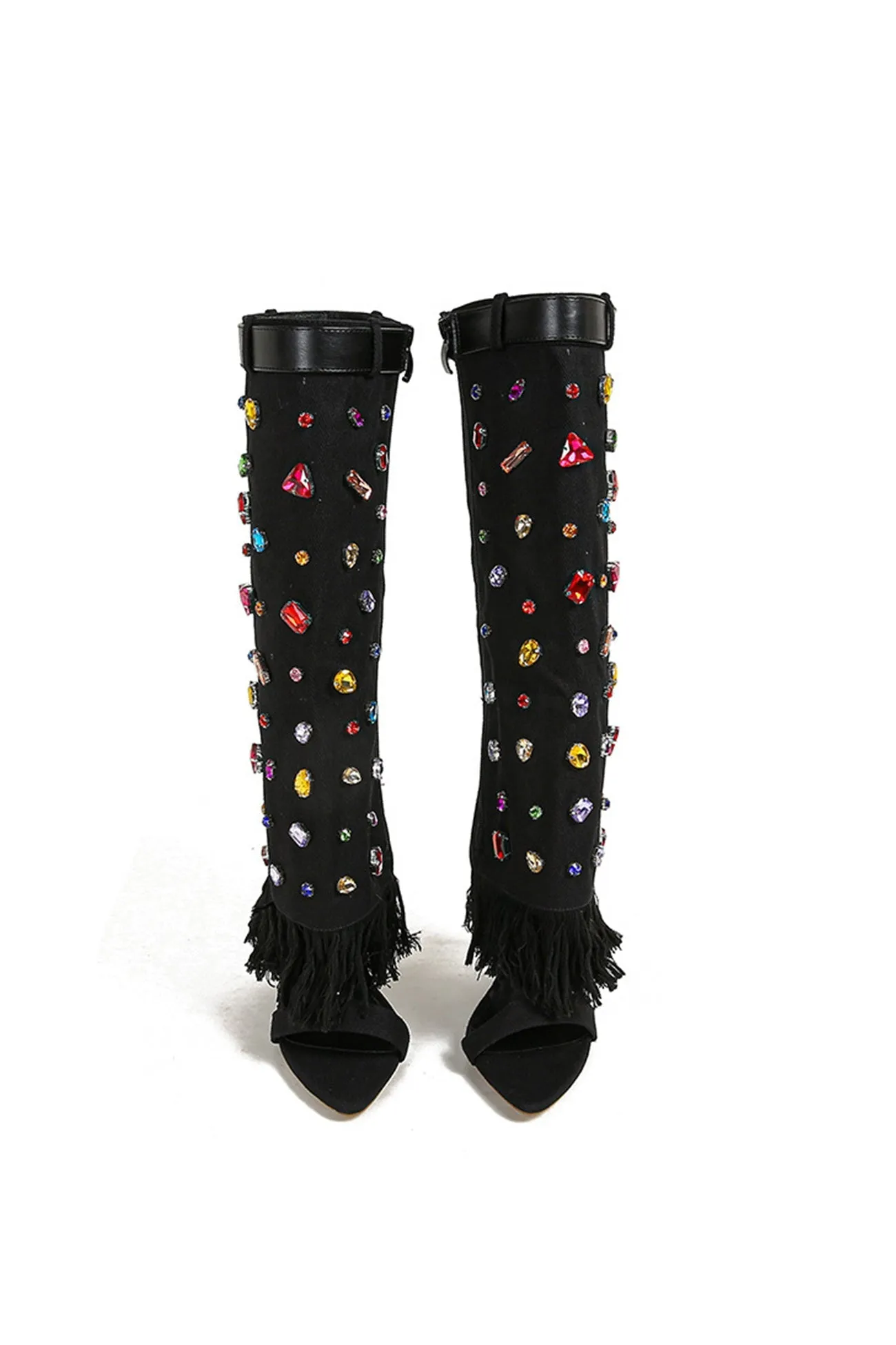 Amozae-Rhinestone Denim High Heel Pointed Toe Boots