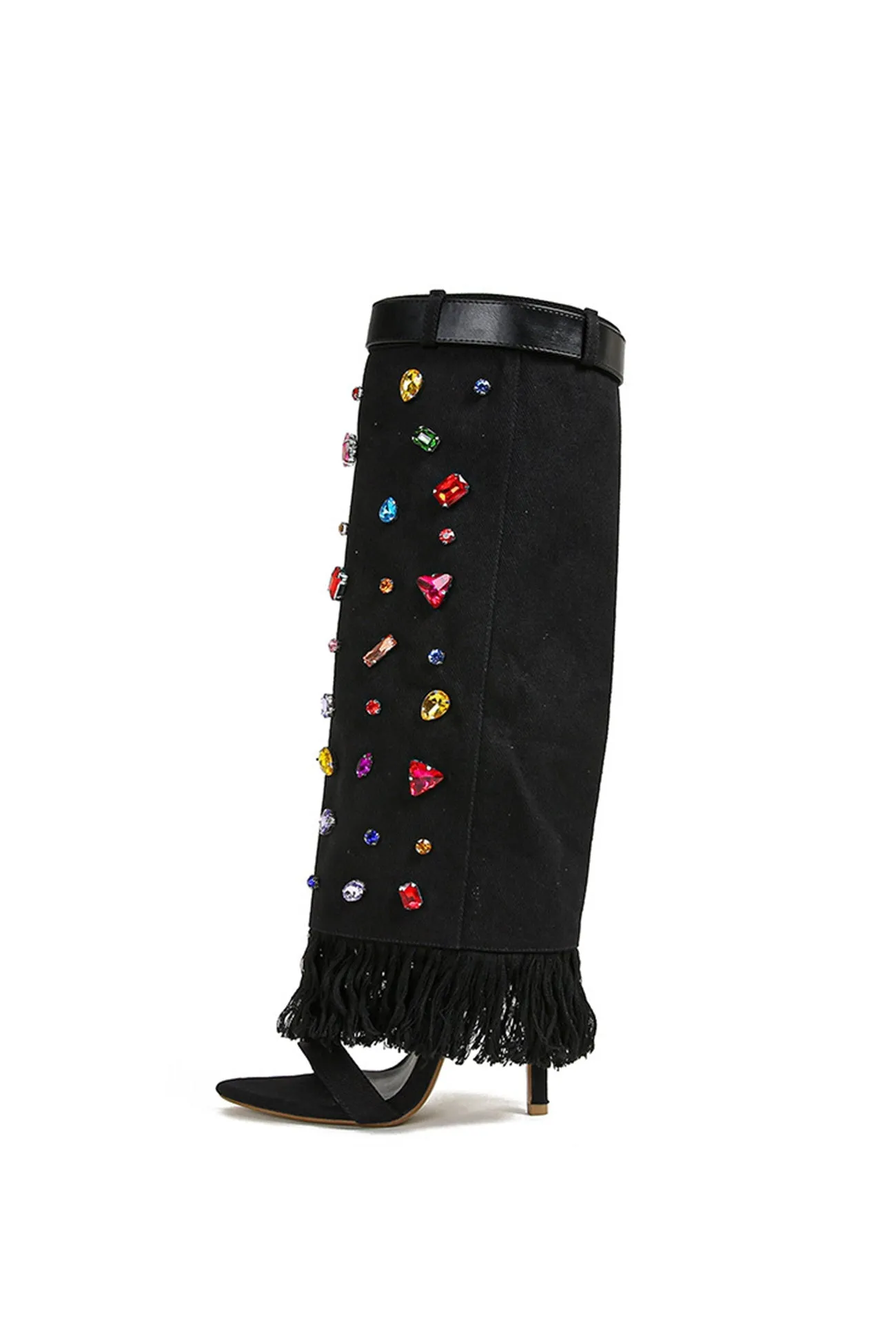 Amozae-Rhinestone Denim High Heel Pointed Toe Boots