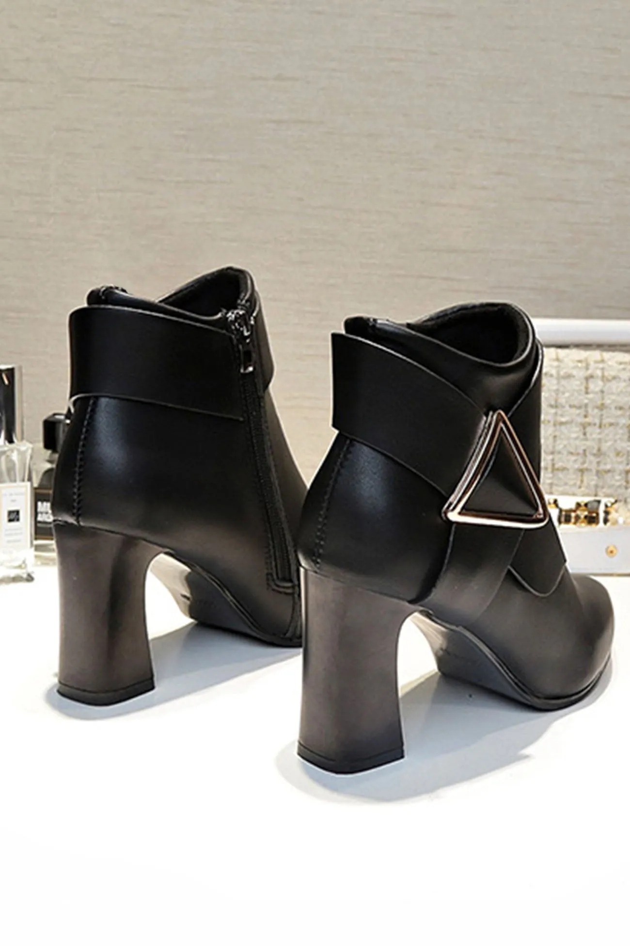 Amozae-Solid Color Pointed Toe Buckle Ankle Boots