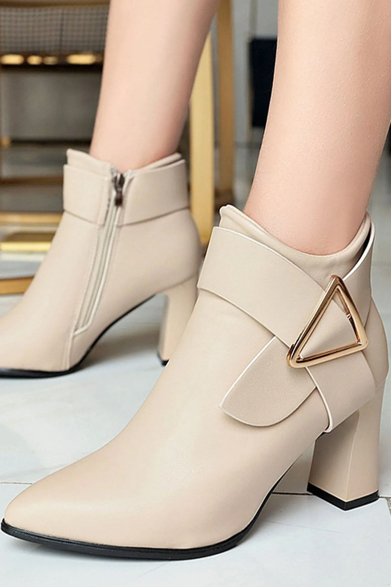 Amozae-Solid Color Pointed Toe Buckle Ankle Boots