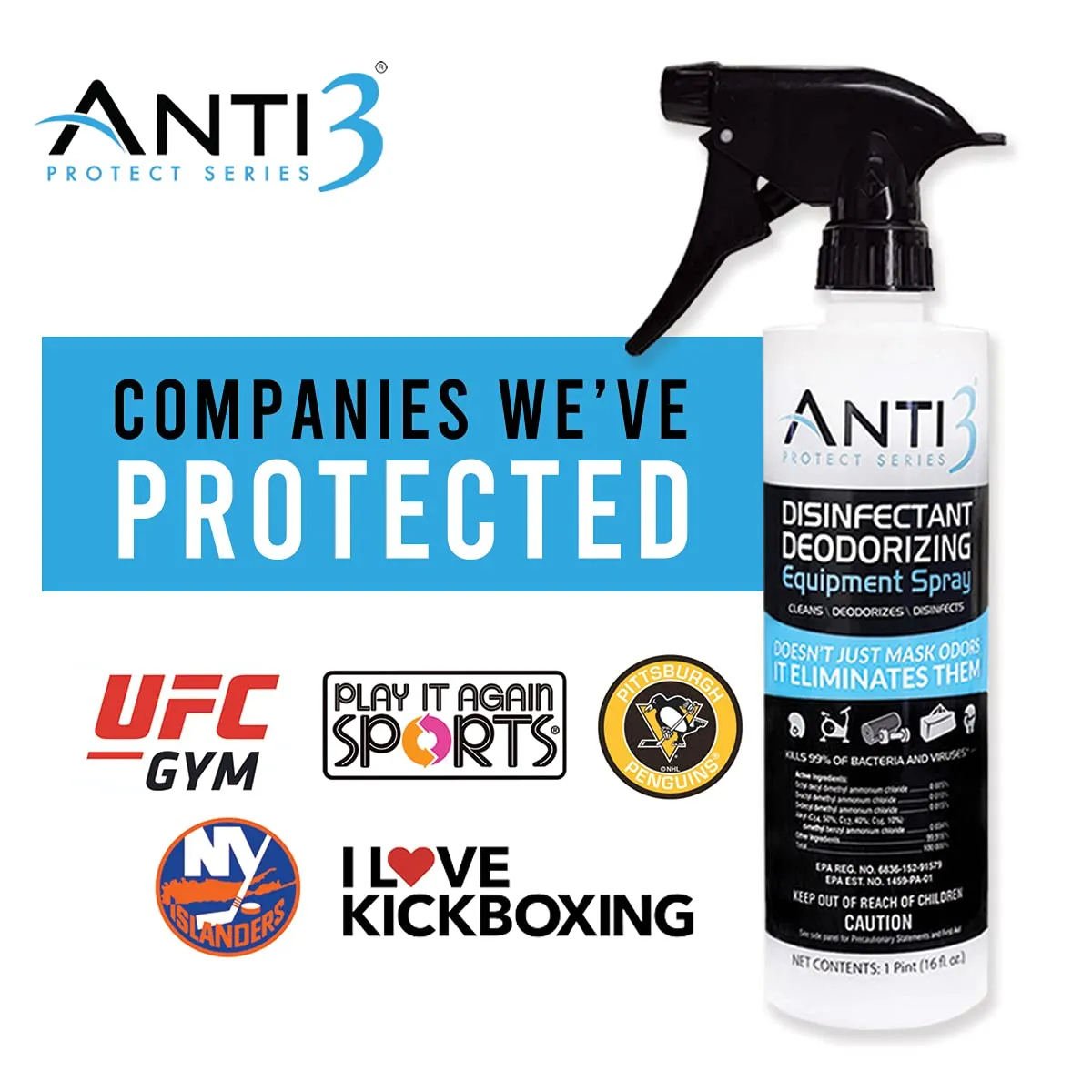 Anti3 Protect Disinfectant Spray, Odor Eliminator & Cleaner, Gym Sanitizing Spray for Equipment, Wrestling Mat, Shoes, Yoga Mats, Multi Surface & Air (1 - 16 Oz. Bottle) 16 Fl Oz (Pack of 1)