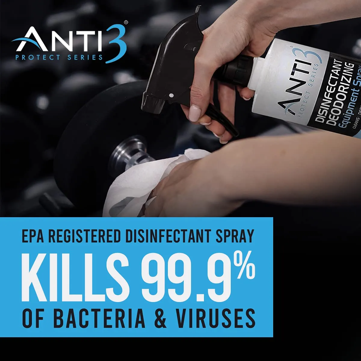 Anti3 Protect Disinfectant Spray, Odor Eliminator & Cleaner, Gym Sanitizing Spray for Equipment, Wrestling Mat, Shoes, Yoga Mats, Multi Surface & Air (1 - 16 Oz. Bottle) 16 Fl Oz (Pack of 1)