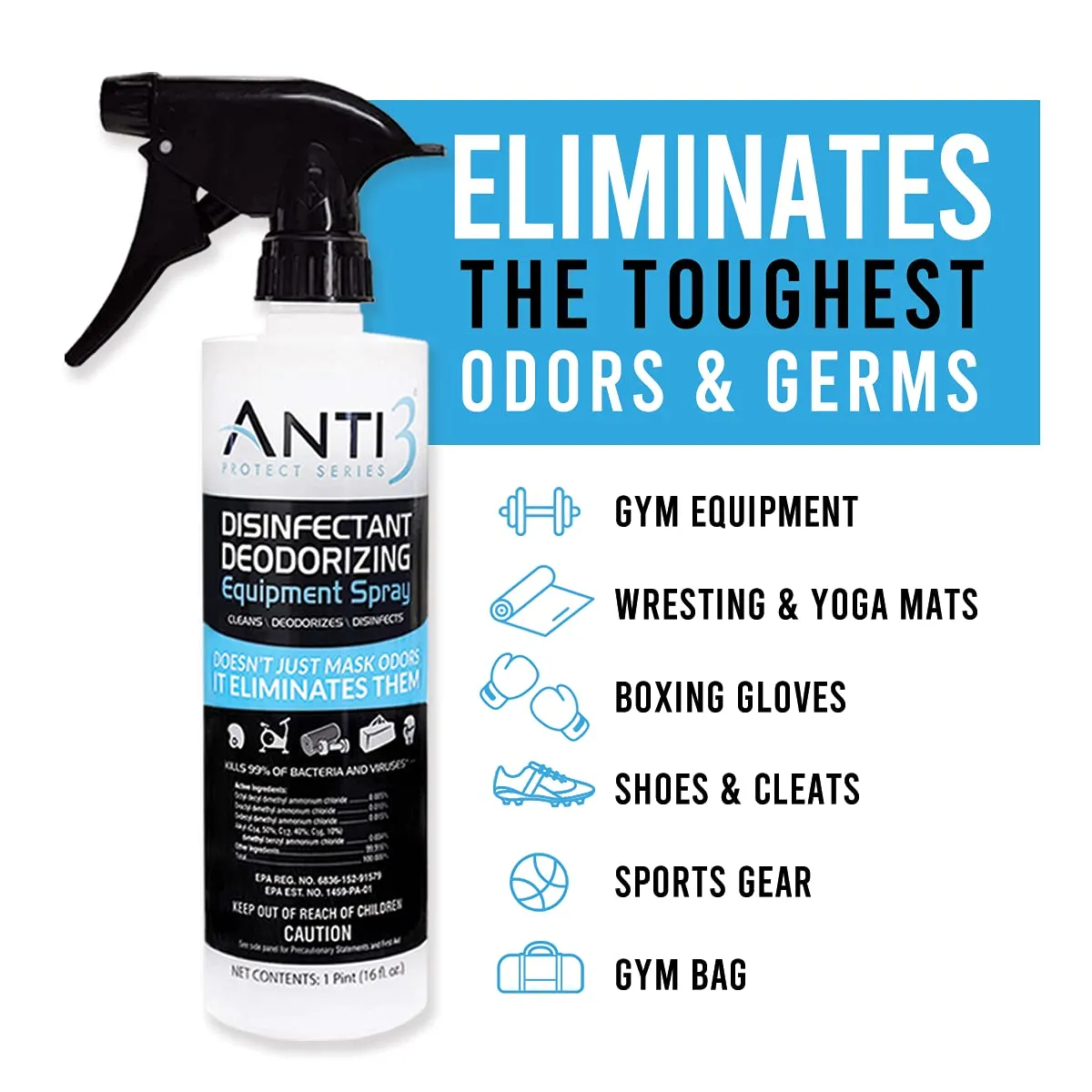 Anti3 Protect Disinfectant Spray, Odor Eliminator & Cleaner, Gym Sanitizing Spray for Equipment, Wrestling Mat, Shoes, Yoga Mats, Multi Surface & Air (1 - 16 Oz. Bottle) 16 Fl Oz (Pack of 1)