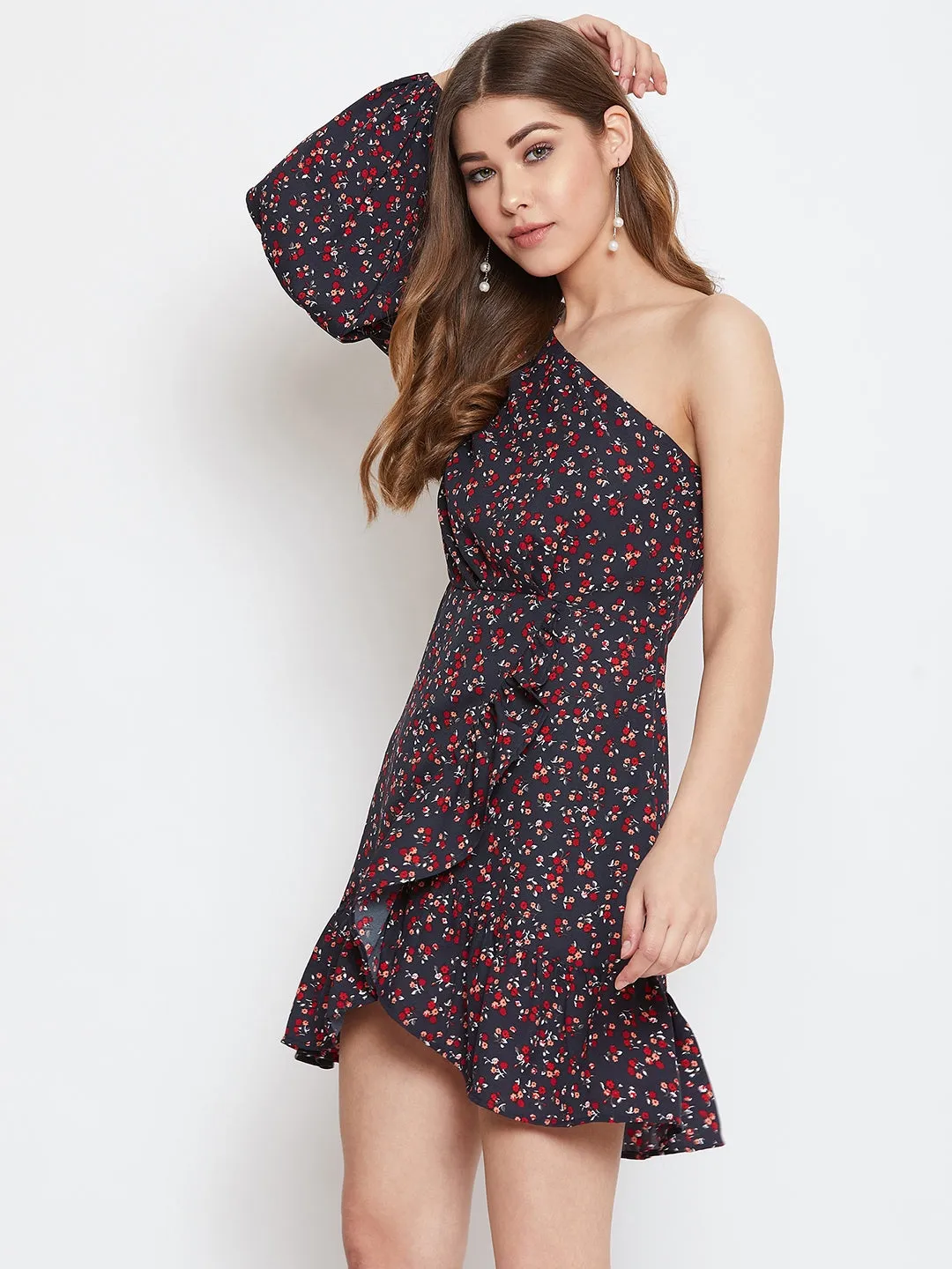 Berrylush Women Navy Blue Floral Printed One-Shoulder Asymmetrical A-Line Mini Dress