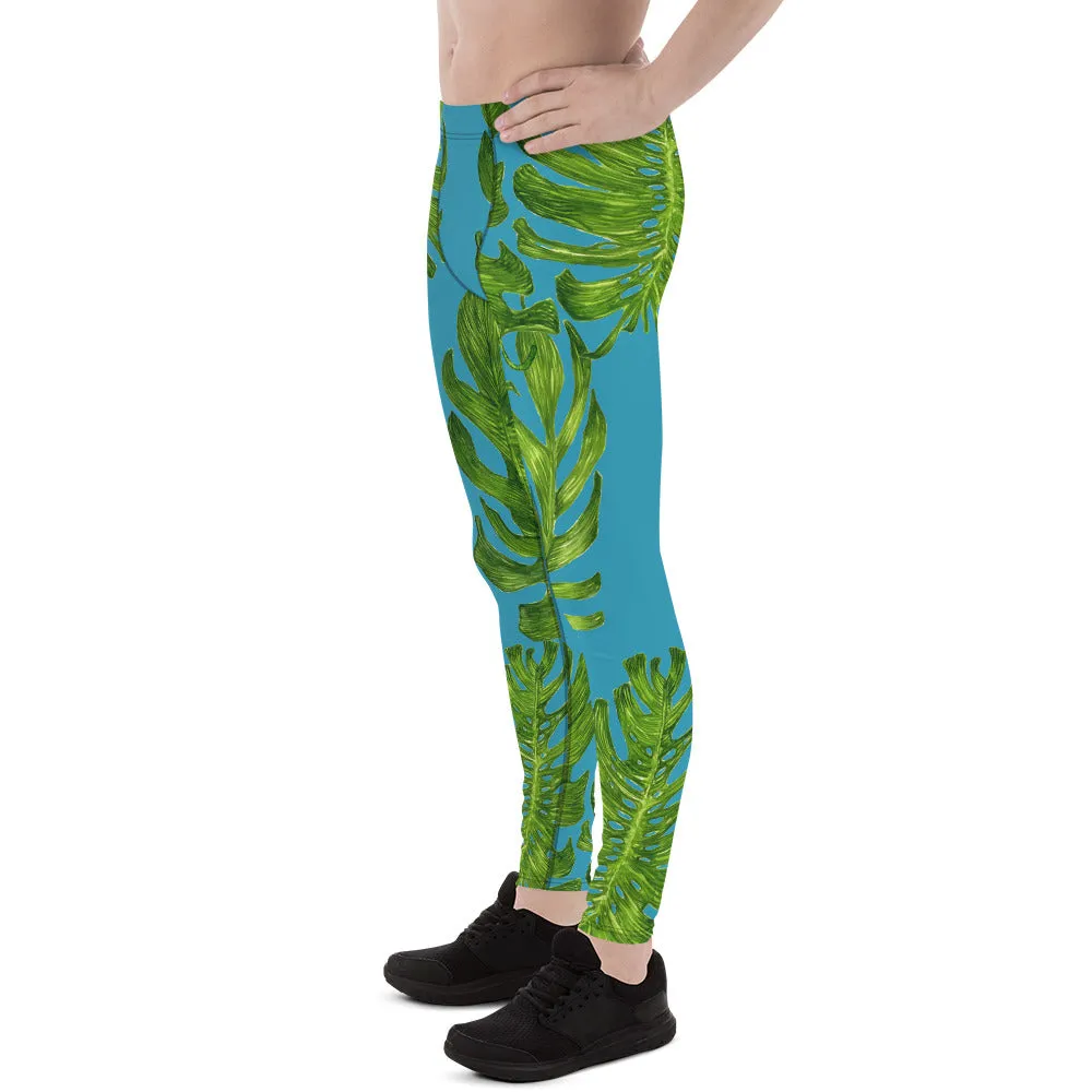 Blue Tropical Palm Leaf Meggings, Green Exotic Palm Leaf Print Men's Leggings-Made in USA/EU