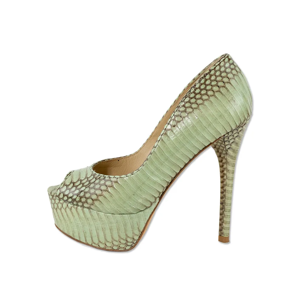 Brian Atwood Mint Green Snake Skin Leather Peep Toe Pumps