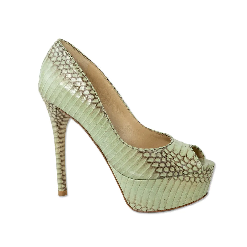 Brian Atwood Mint Green Snake Skin Leather Peep Toe Pumps