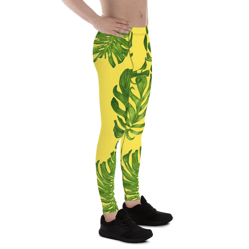 Bright Yellow Tropical Meggings, Green Palm Leaf Men's Leggings Running Men Tights-Made in USA/EU (US Size: XS-3XL)