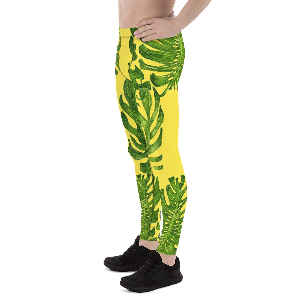 Bright Yellow Tropical Meggings, Green Palm Leaf Men's Leggings Running Men Tights-Made in USA/EU (US Size: XS-3XL)