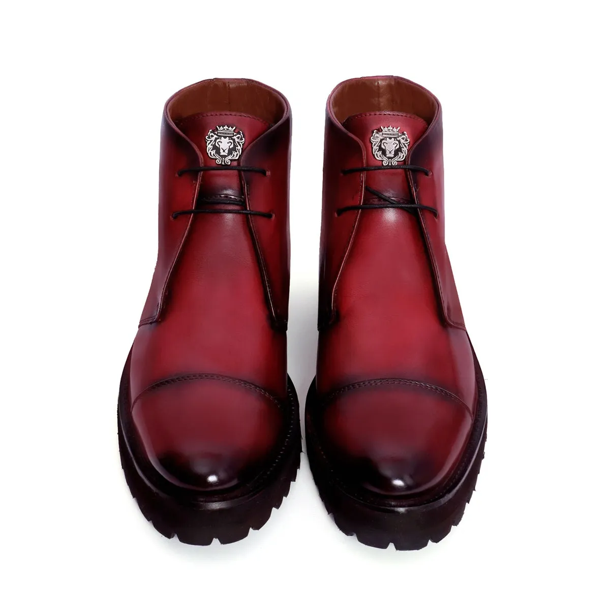 Burnished Wine Leather Cap Toe Lace-Up Light Weight Chukka Boots for Men By Brune & Bareskin