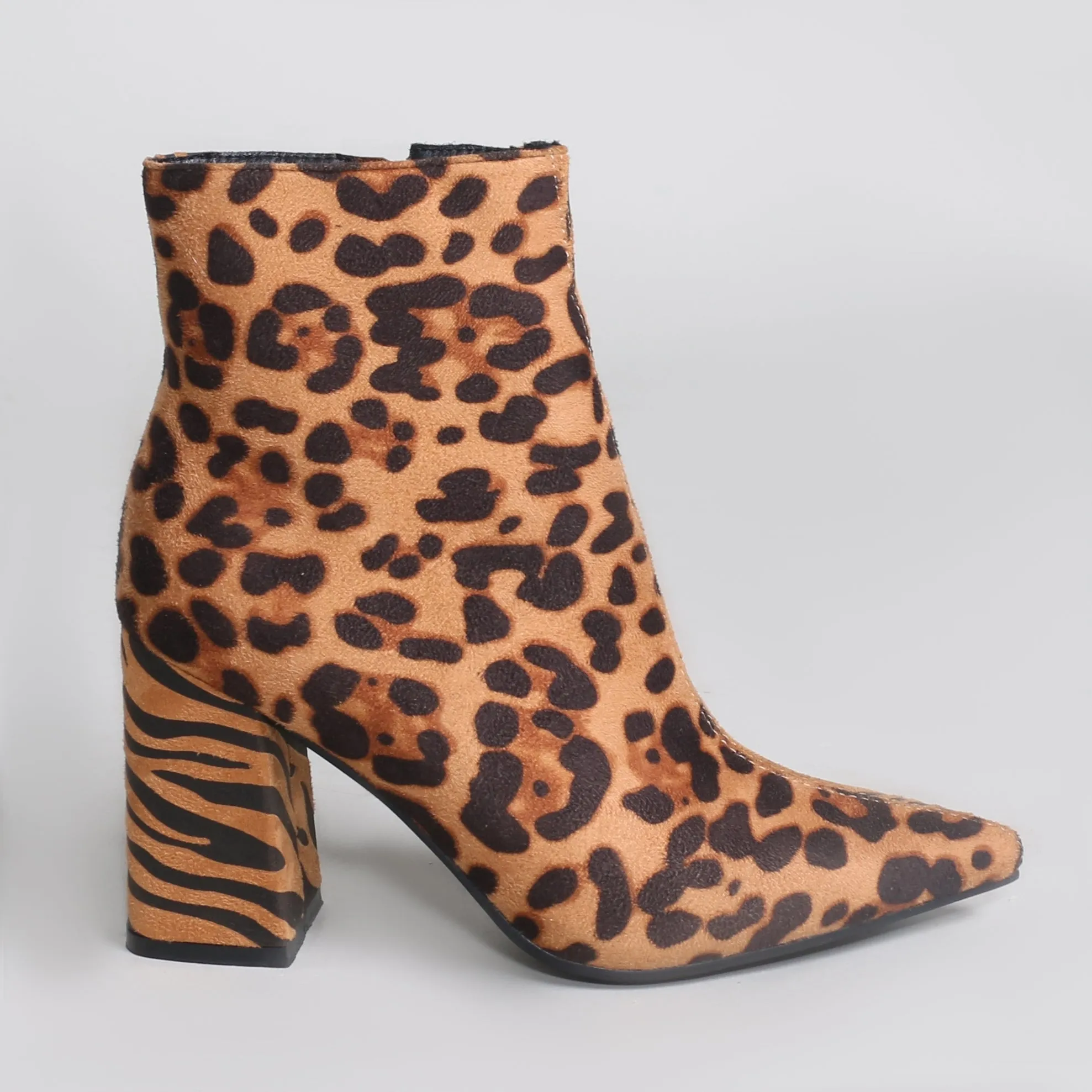 Chaos Contrast Pointed Toe Ankle Boots in Leopard and Tiger Print