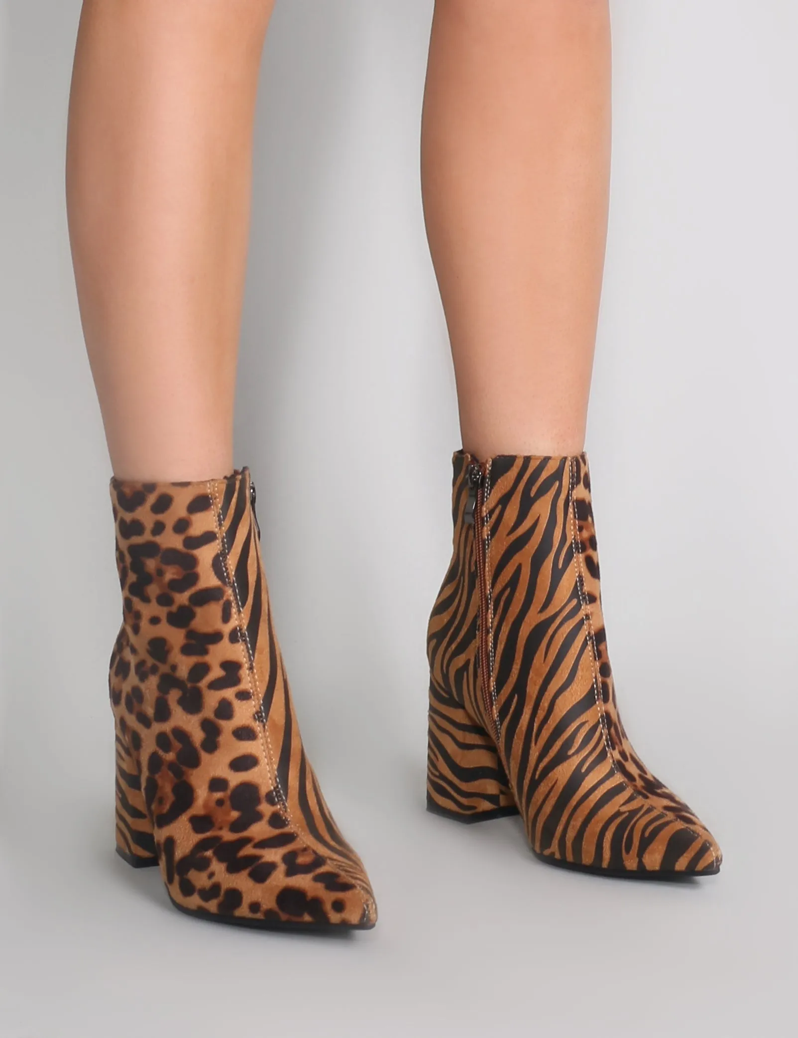 Chaos Contrast Pointed Toe Ankle Boots in Leopard and Tiger Print