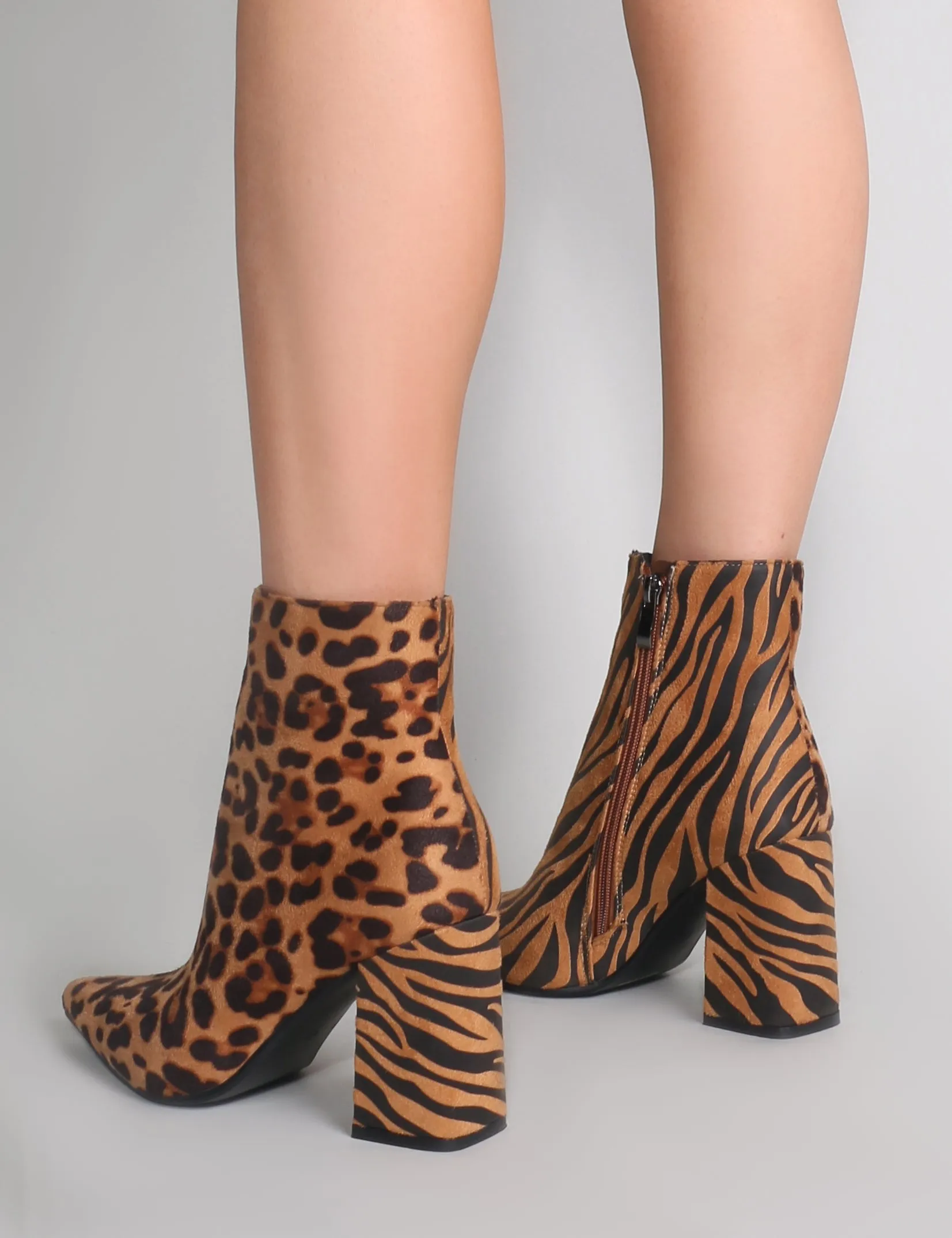 Chaos Contrast Pointed Toe Ankle Boots in Leopard and Tiger Print