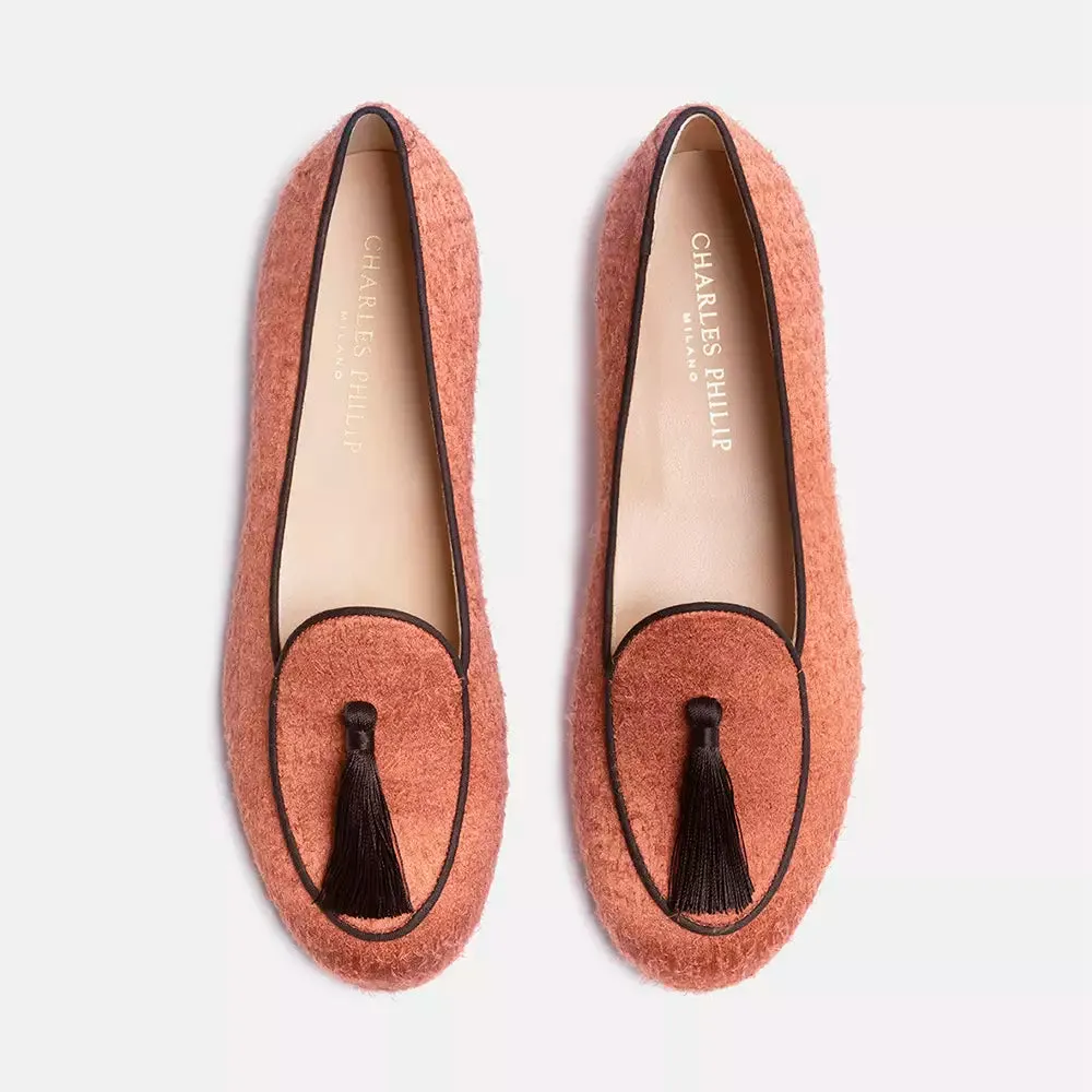 Charles Philip Velvet Tassel Moccasins in Vivid Orange