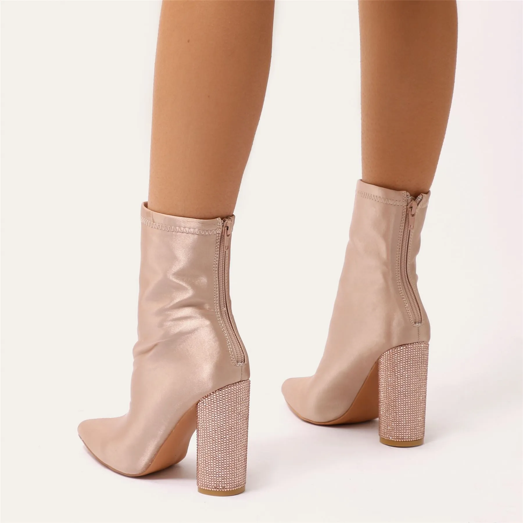 Chica Diamante Heel Sock Fit Ankle Boots in Rose Gold Satin