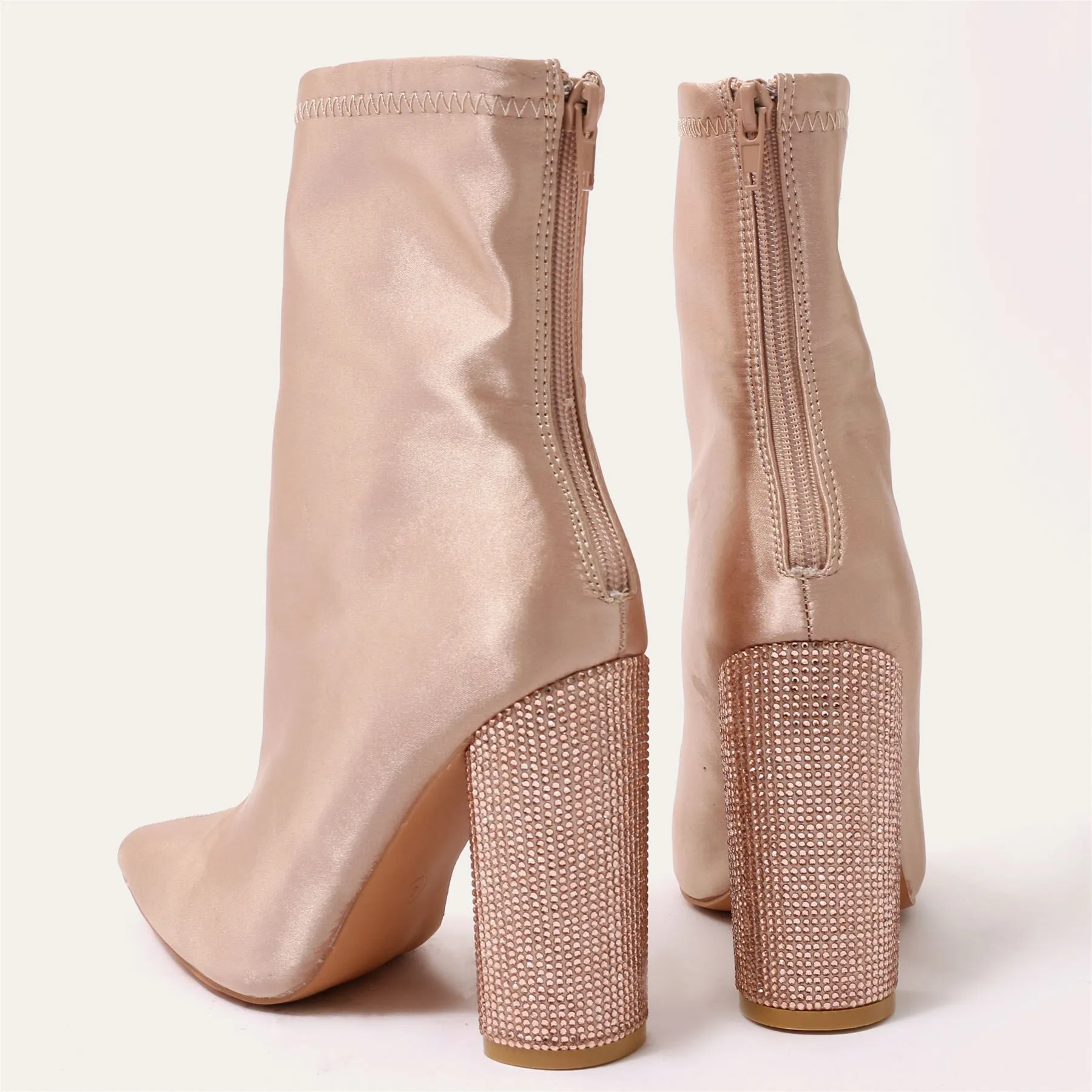 Chica Diamante Heel Sock Fit Ankle Boots in Rose Gold Satin