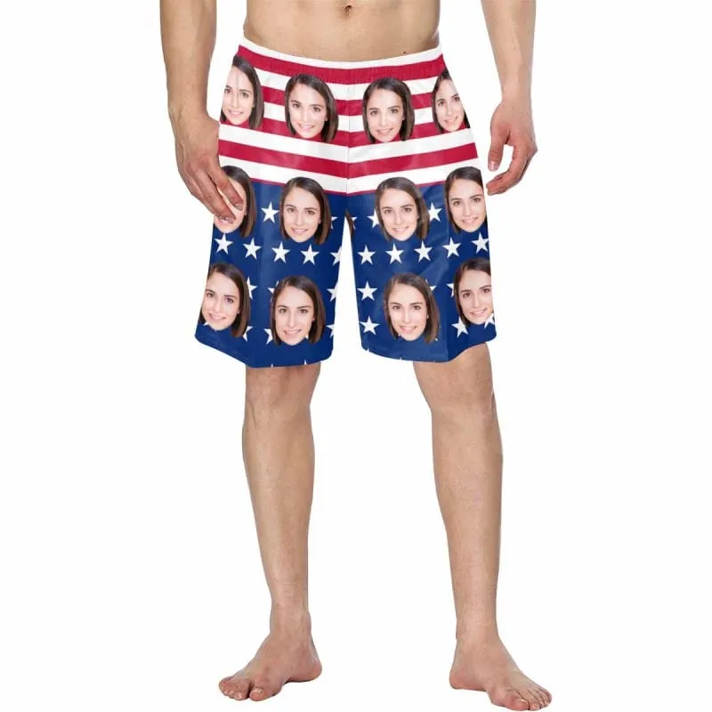 Custom Face American Flag Couple Matching Beach Shorts Personalized Men's Elastic Beach Shorts&Women's Mid-Length Board Shorts Swim Trunks