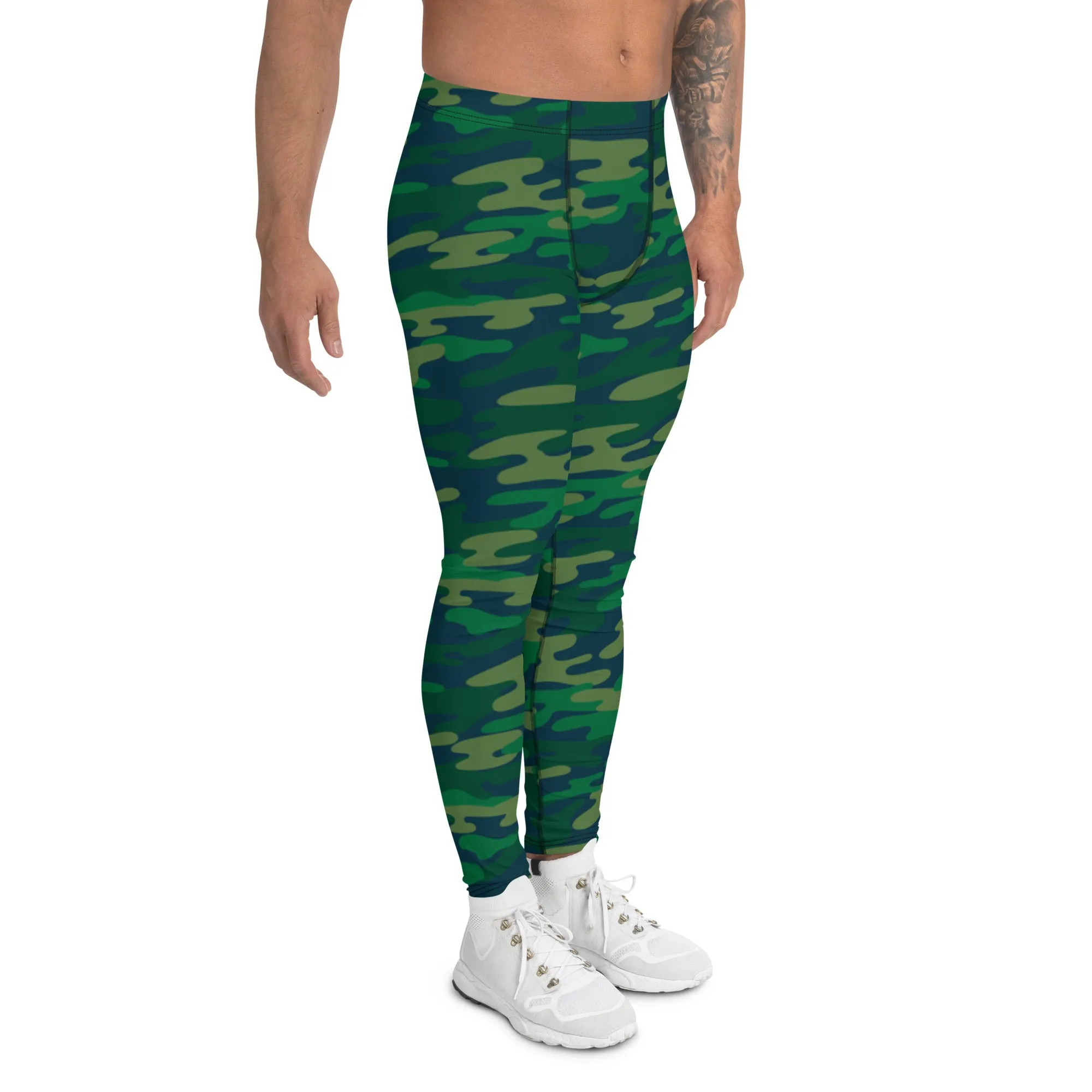 Dark Green Camouflaged Best Meggings, Army Camouflage Premium Quality Meggings Running Tights-Made in USA/EU/MX