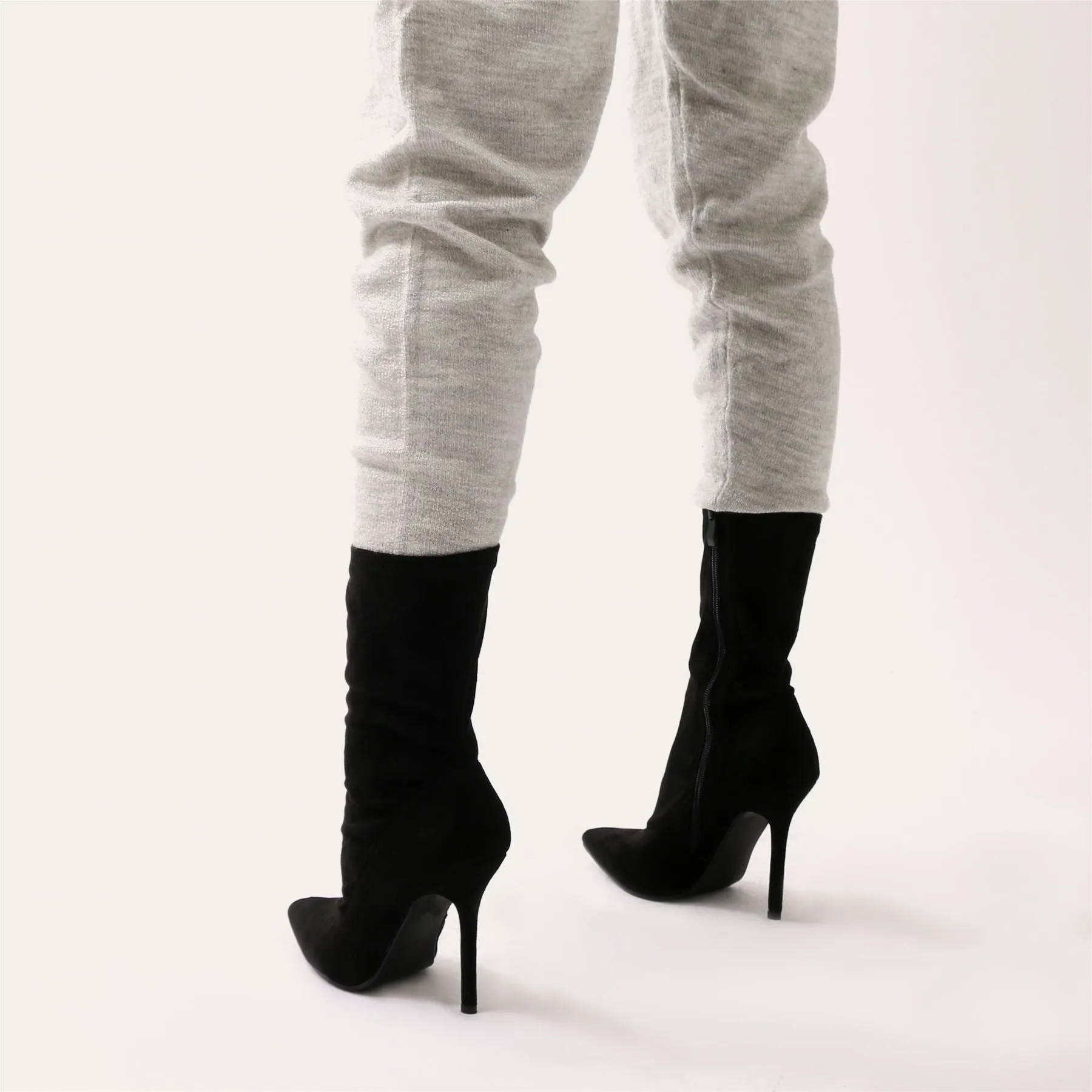 Direct Pointy Sock Boots in Black Faux Suede