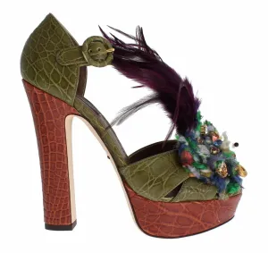 Dolce & Gabbana Green Leather Crystal Platform Sandal Shoes