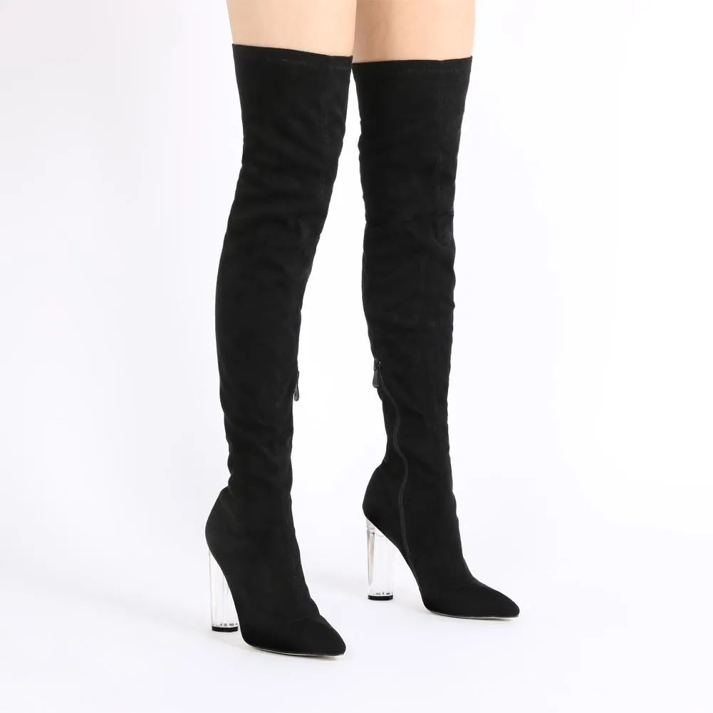 Dominique Long Boots in Black Faux Suede With Clear Perspex Heel