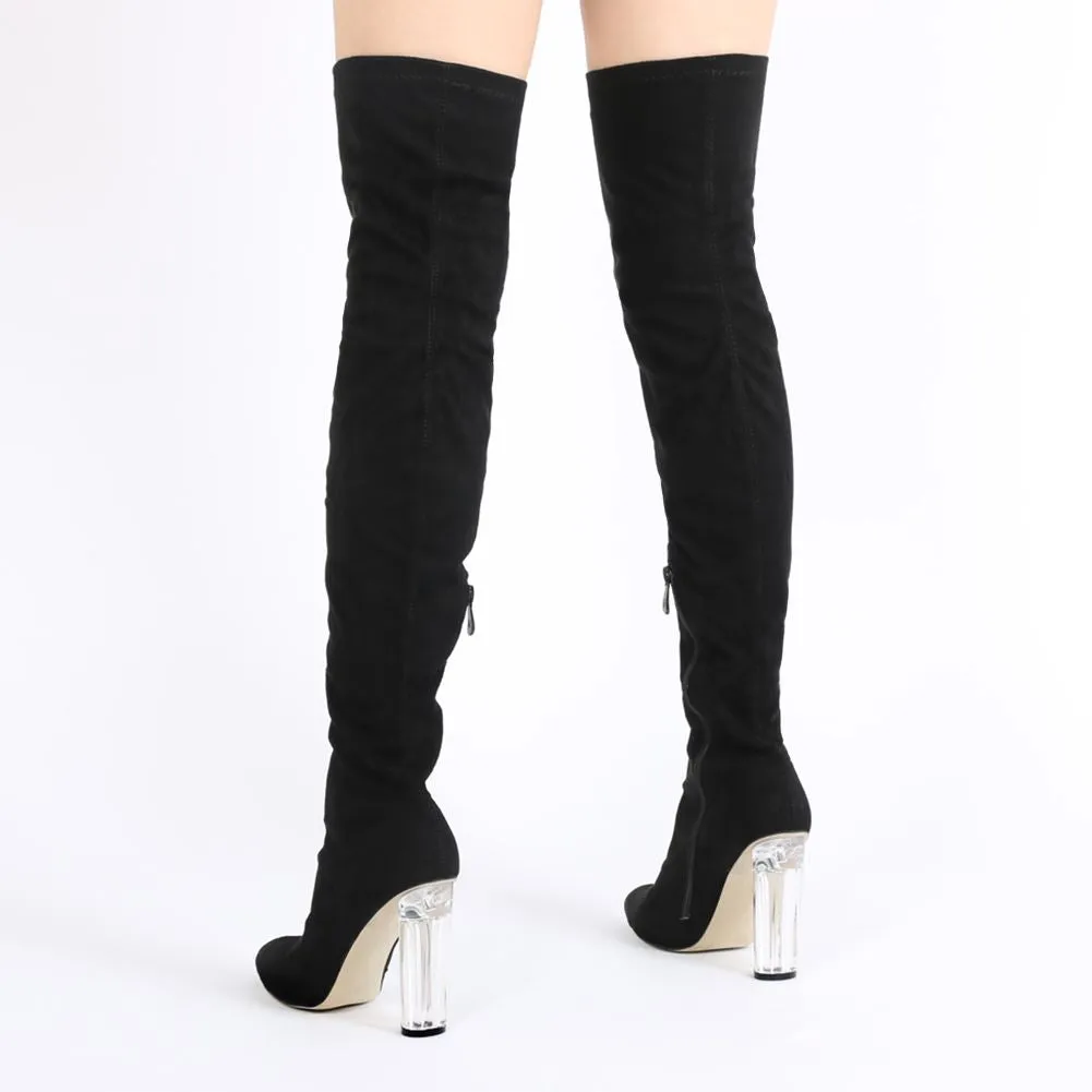 Dominique Long Boots in Black Faux Suede With Clear Perspex Heel