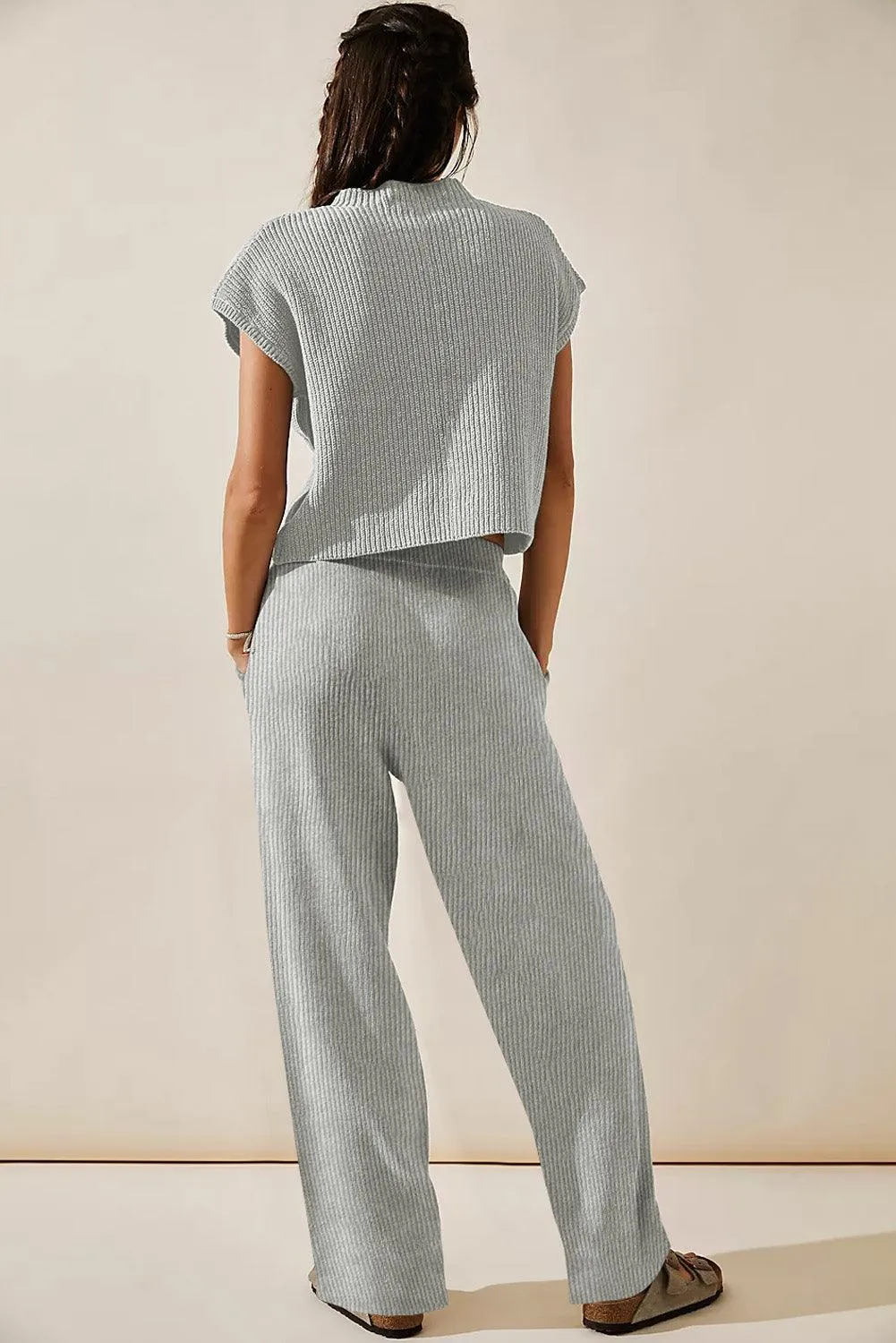 Elegant Knit V Neck Sweater and Flowing Trousers Ensemble