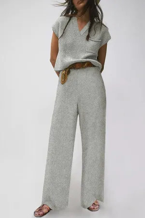 Elegant Knit V Neck Sweater and Flowing Trousers Ensemble