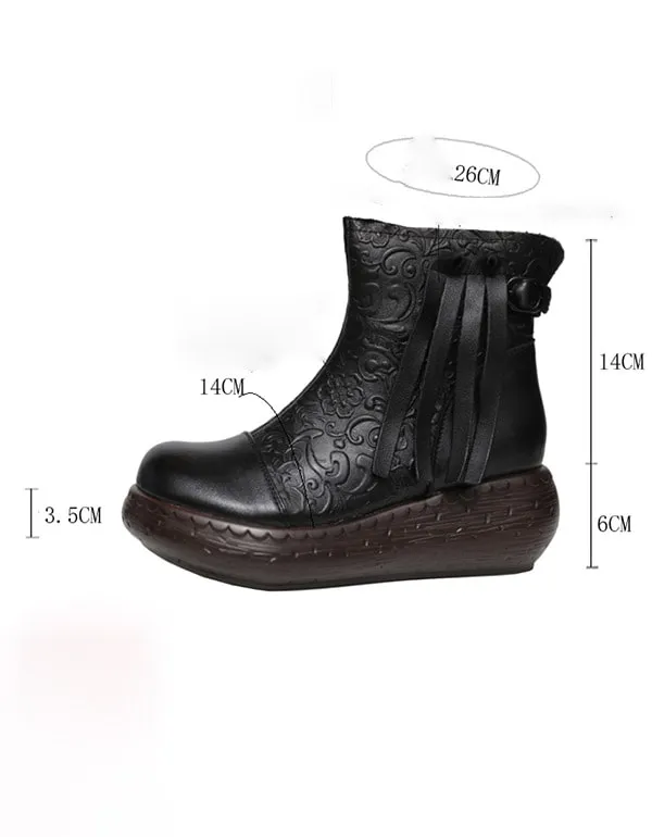 Embossing Handmade Leather Retro Ankle Wedge Boots