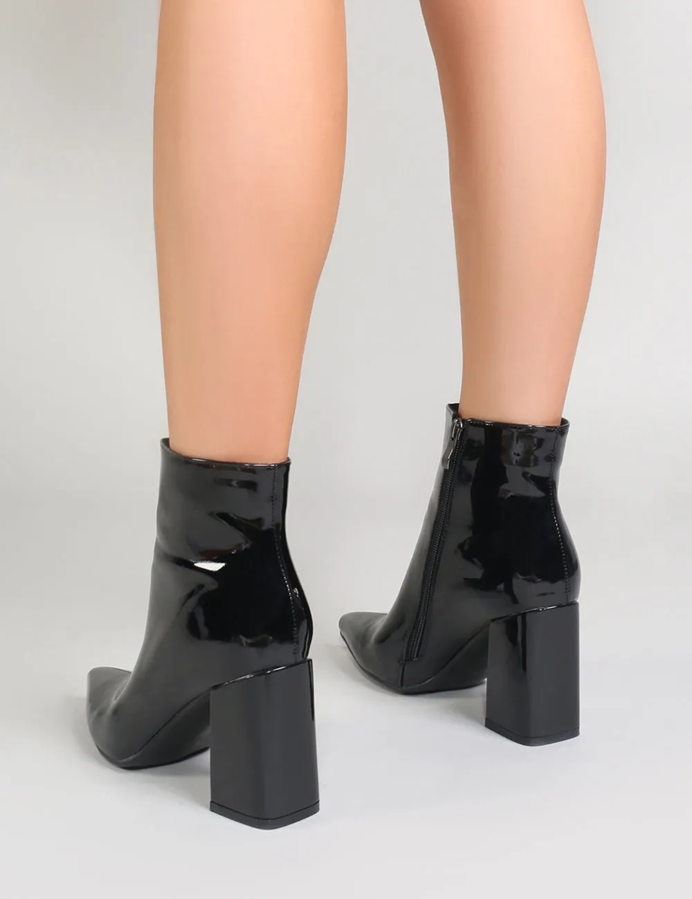 Empire Pointed Toe Ankle Boots in Black Patent