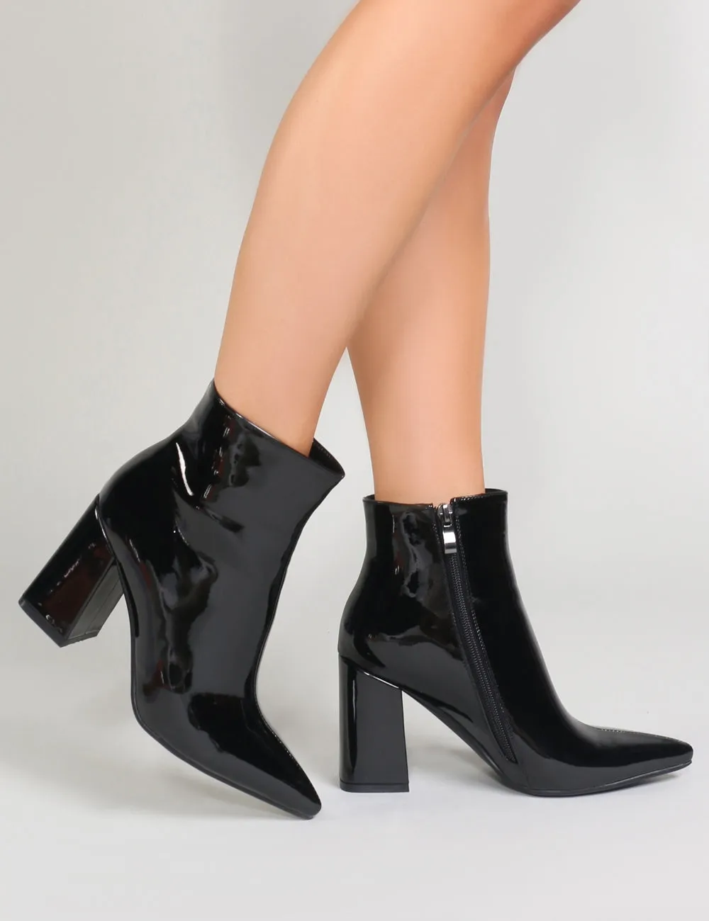 Empire Pointed Toe Ankle Boots in Black Patent