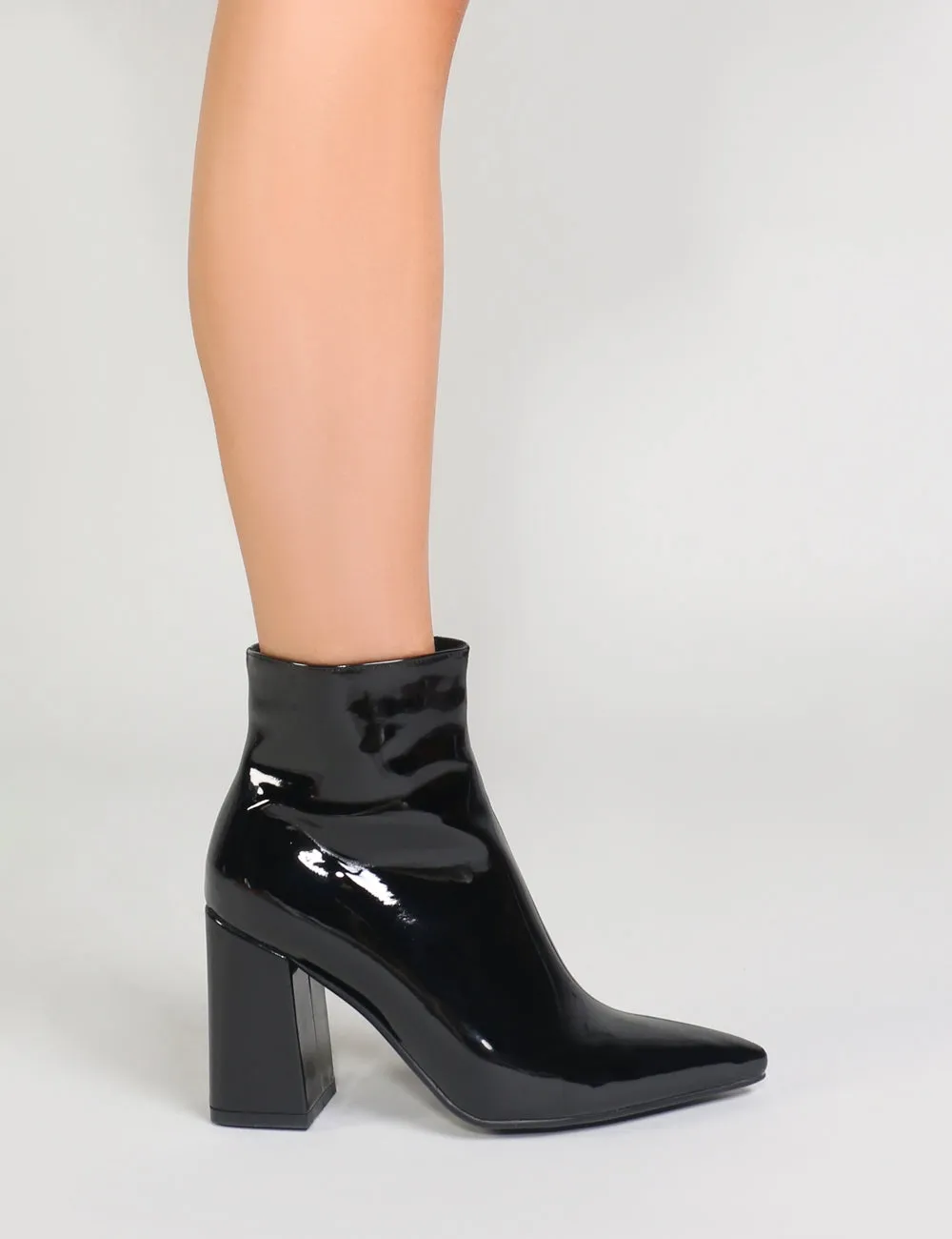 Empire Pointed Toe Ankle Boots in Black Patent