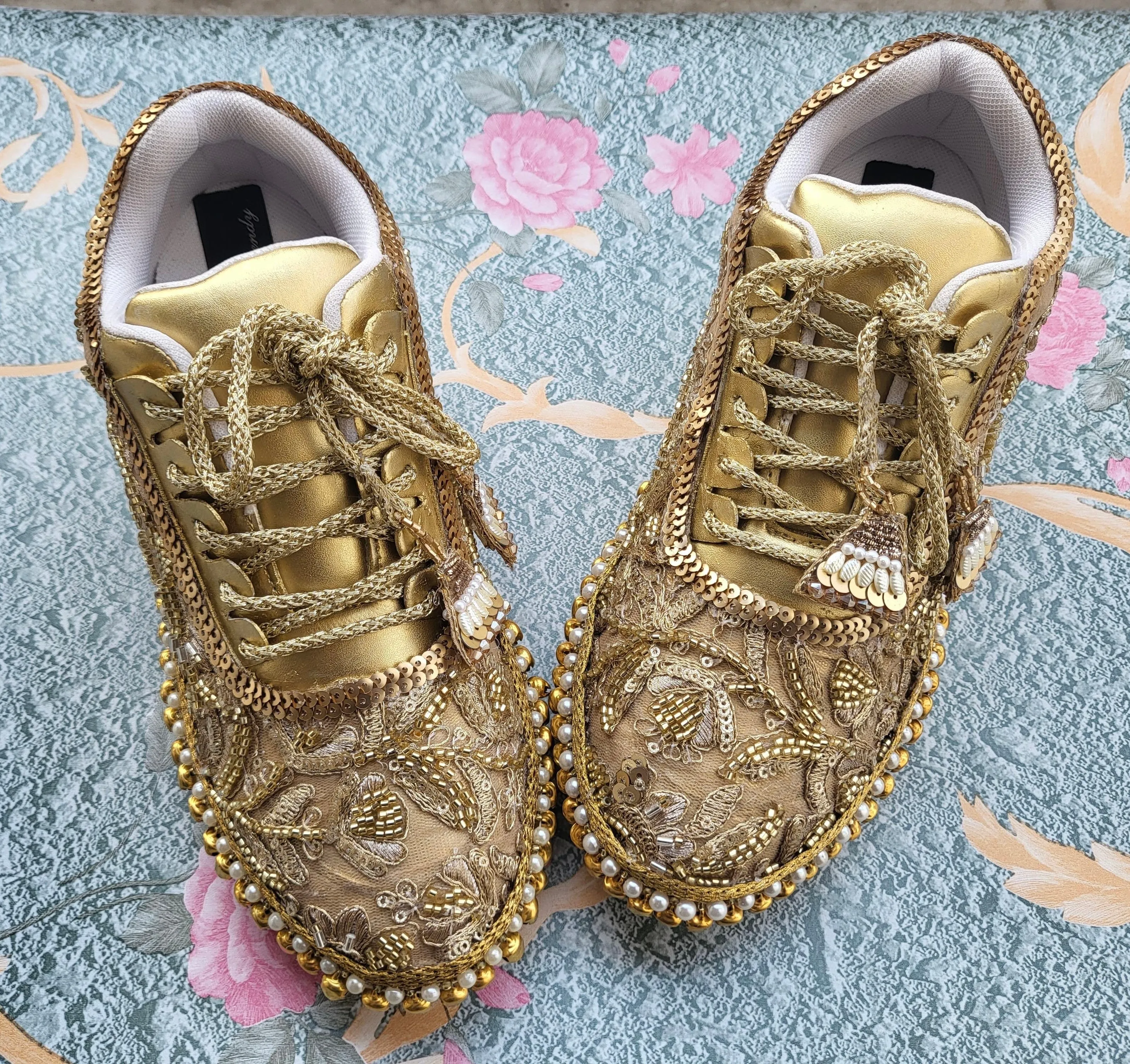 FUNKY N TRENDY golden mirror pearl and sequine work bridal sneakers / bridesmaid sneakers/ gold sneakers / golden sneakers/ cutdana work sneakers /ghungaroo shoes