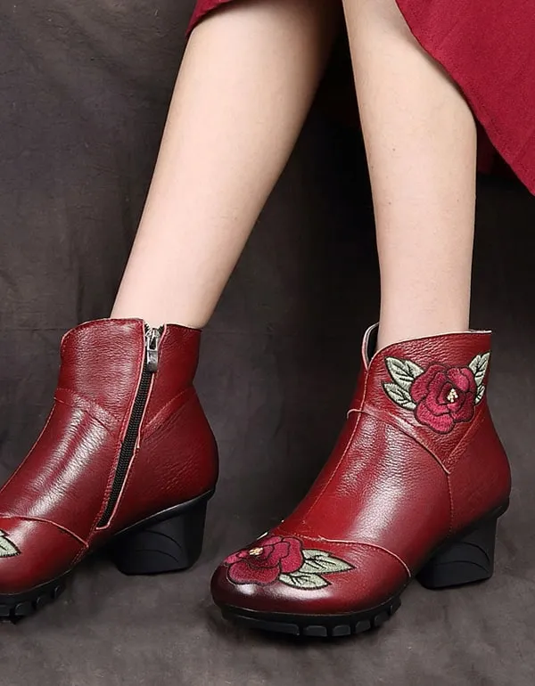 Genuine Leather Embroidered Round Head Winter Boots